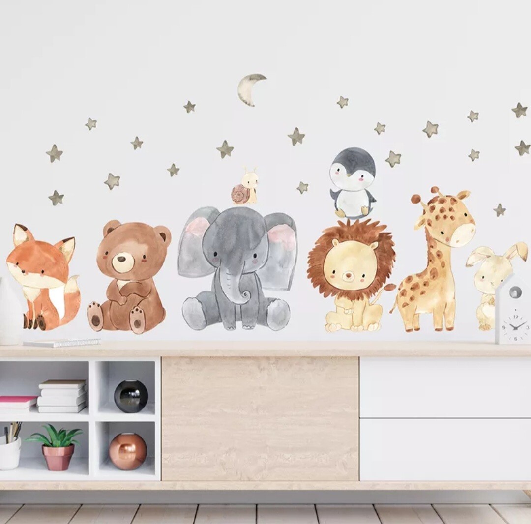 Watercolor Cartoon Cute Animals Wall Stickers peel and stick decal for kids baby
