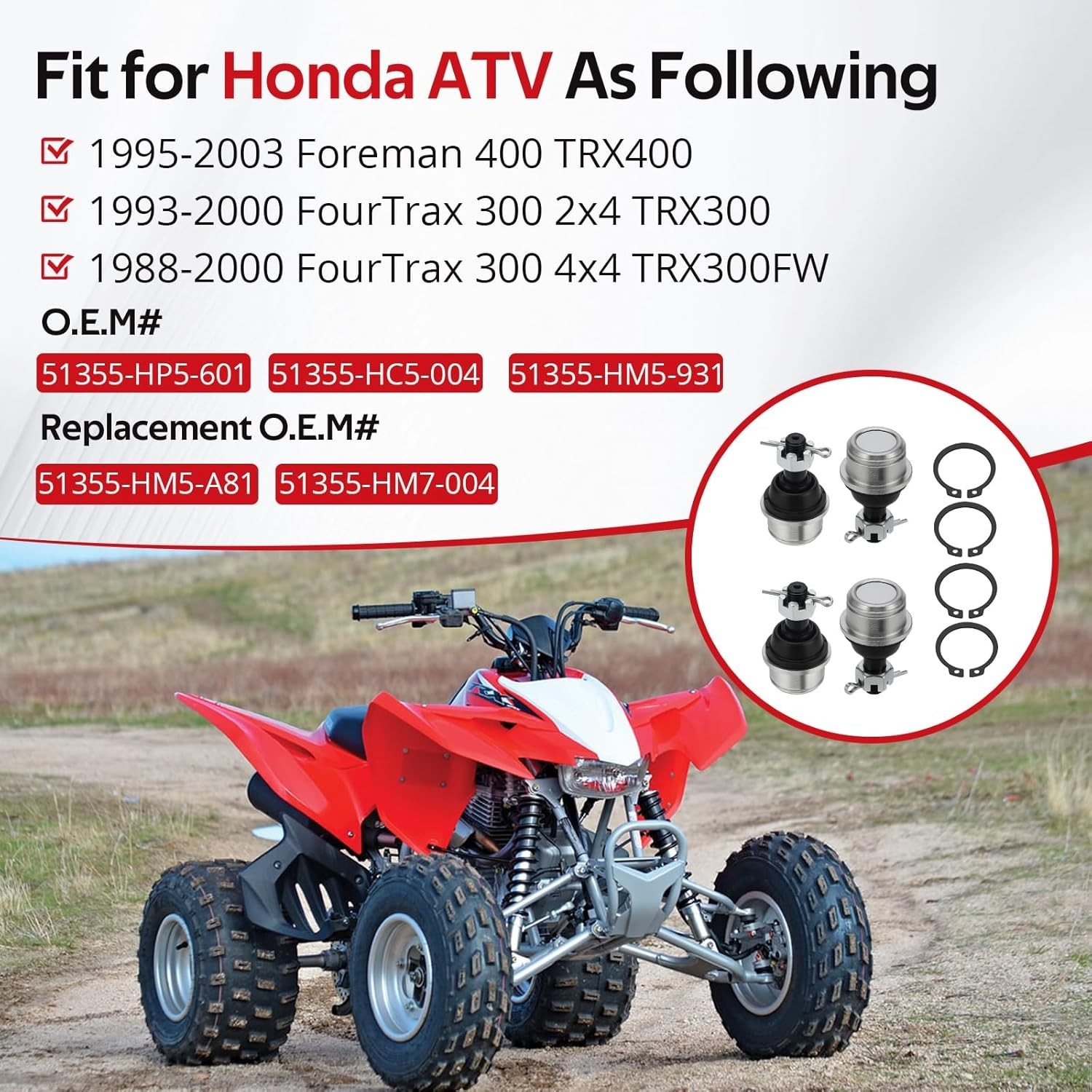Upper & Lower Ball Joint Kit for Honda FourTrax 300 Foreman 400 TRX300 TRX400 4P