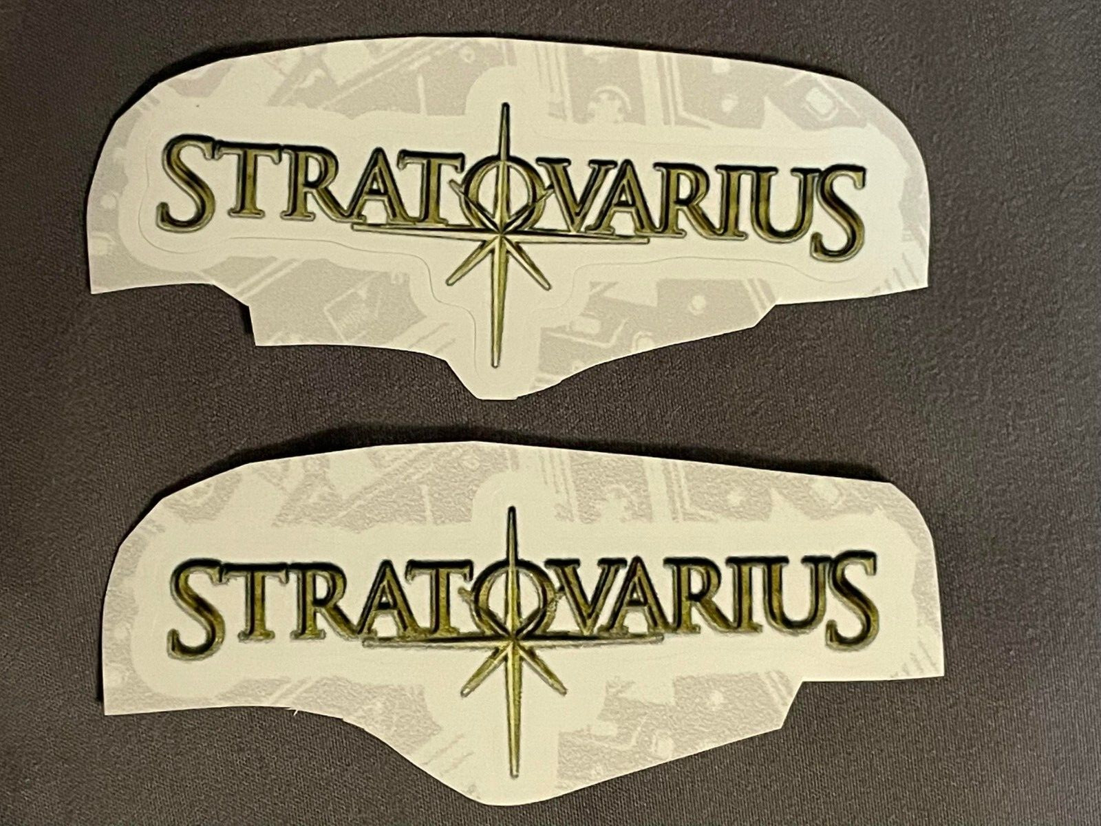 Lot (2) STRATOVARIUS 1 1/4" x 3" Band Logo STICKERS Gold White FAST! FREE SHIP!