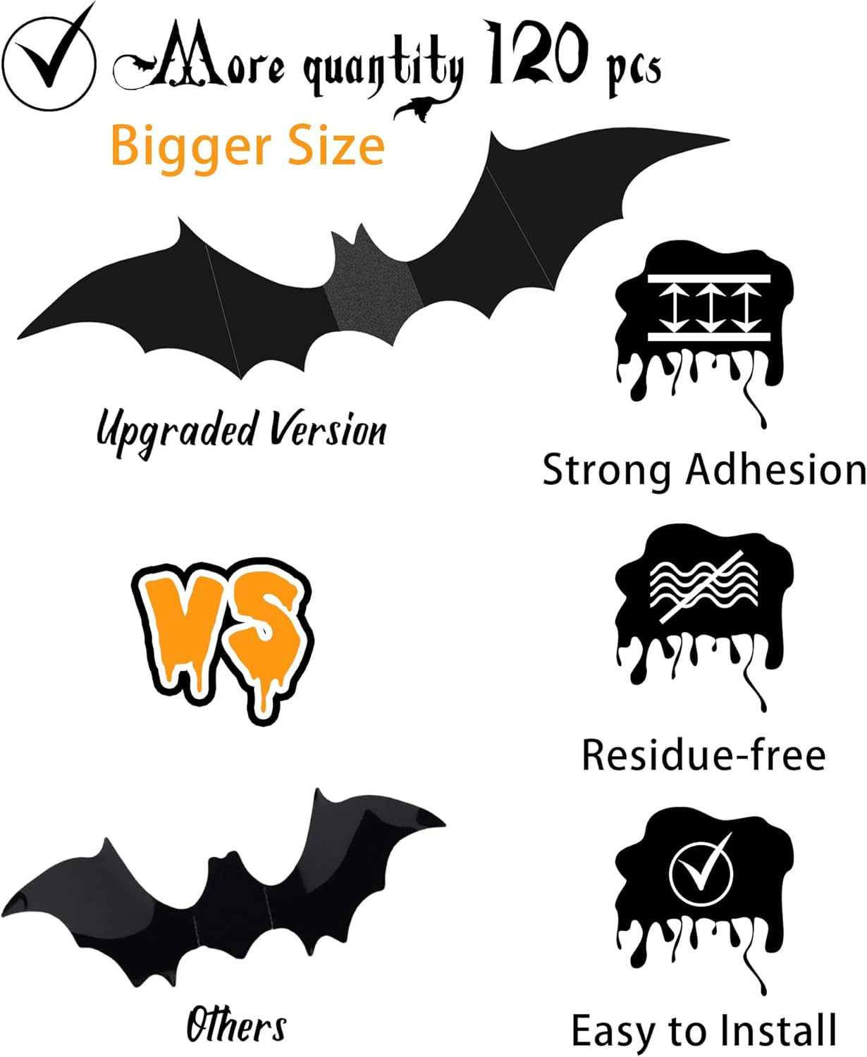 Halloween Bat Decorations 120 Pack 5 Sizes 3D Wall Window Door Party Decor