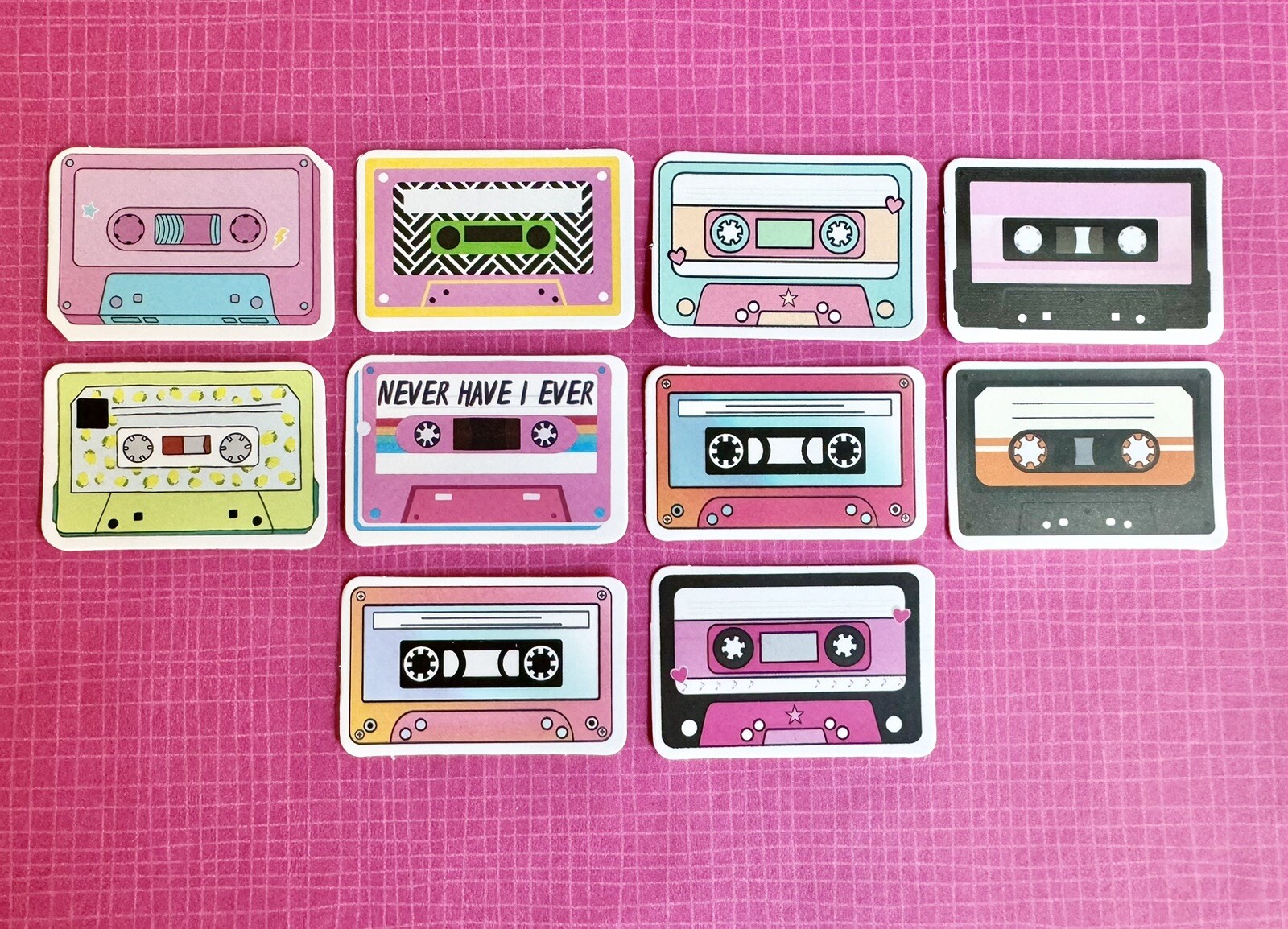 New 80s Style Mini Cassette Tape Waterproof Stickers Set of 10 – 1.75” x 1.25”