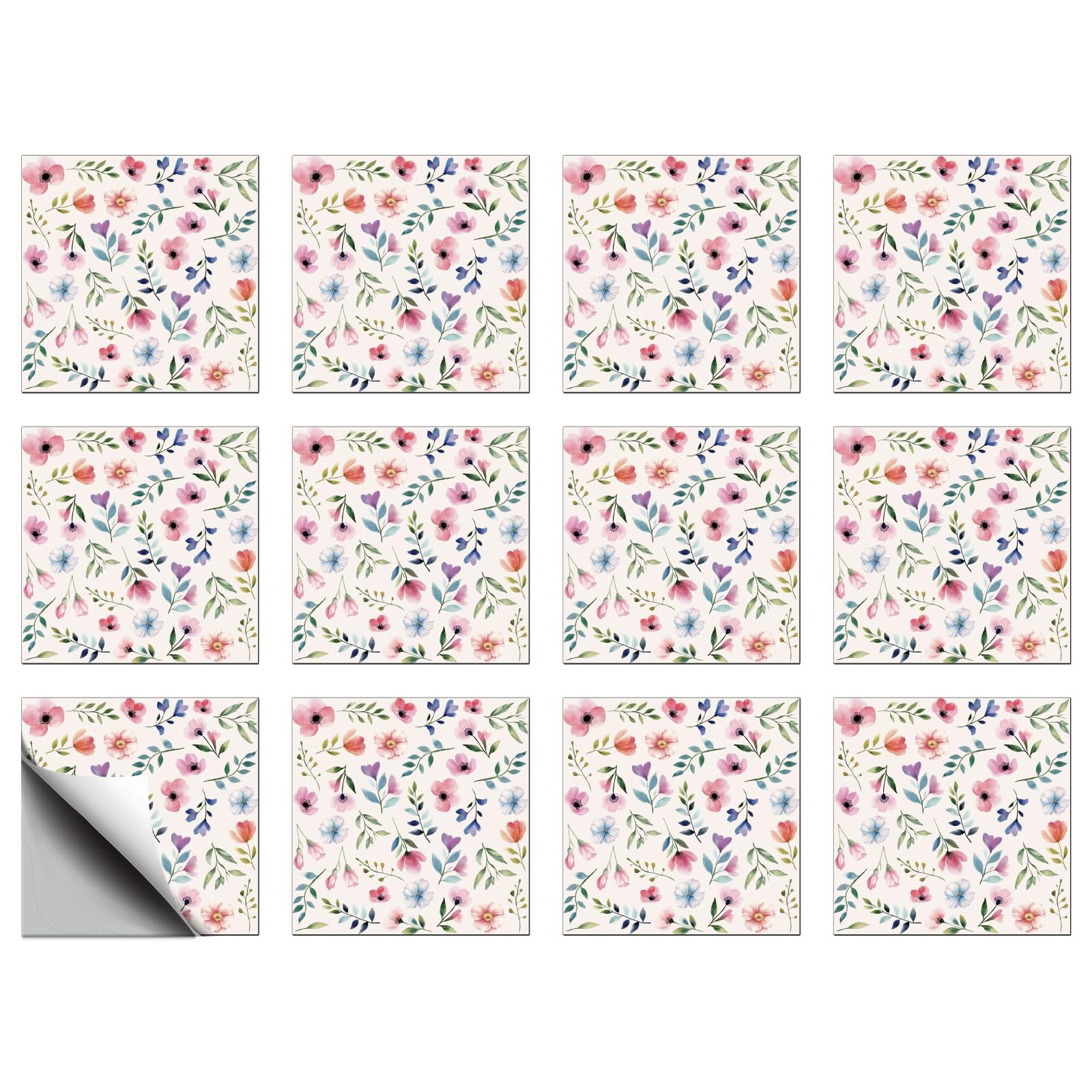 12 Pcs 8in Tile Stickers Pink Flowers Peel and Stick Wall Tile Stickers Seaml…