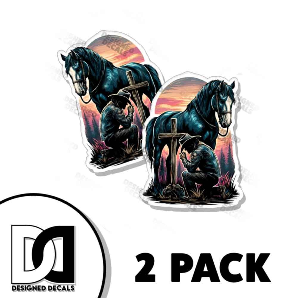 Cowboy Praying on Cross Horse Vinyl Decal Sticker Christ Car Truck Sticker 2 PK