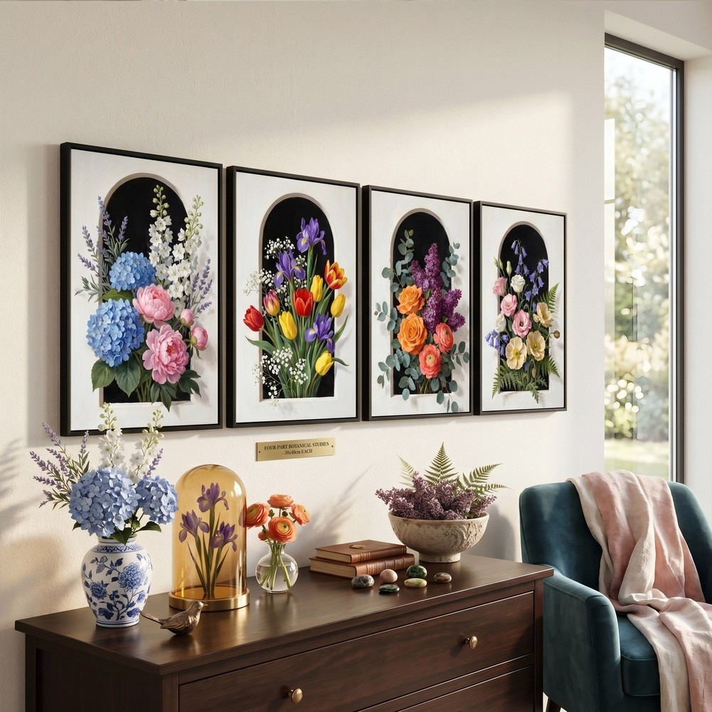 Arch Window Floral Wall Art 4 Pack Canvas Prints 11.81×15.74in Indoor Decor