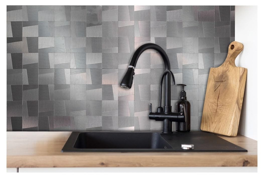 10-Sheet Peel and Stick Metal Backsplash Tiles, Self Adhesive Brushed Aluminu…
