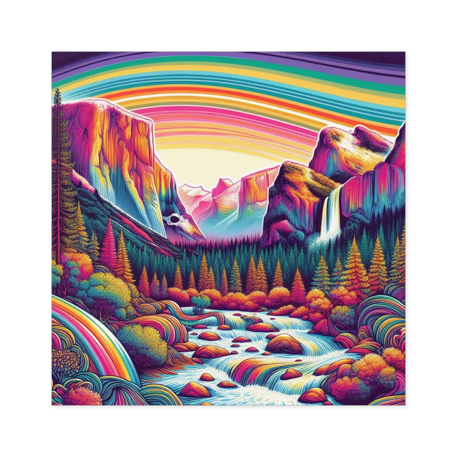 Yosemite Falls Rainbow and River Art Sticker Indoor & Outdoor Square Decal