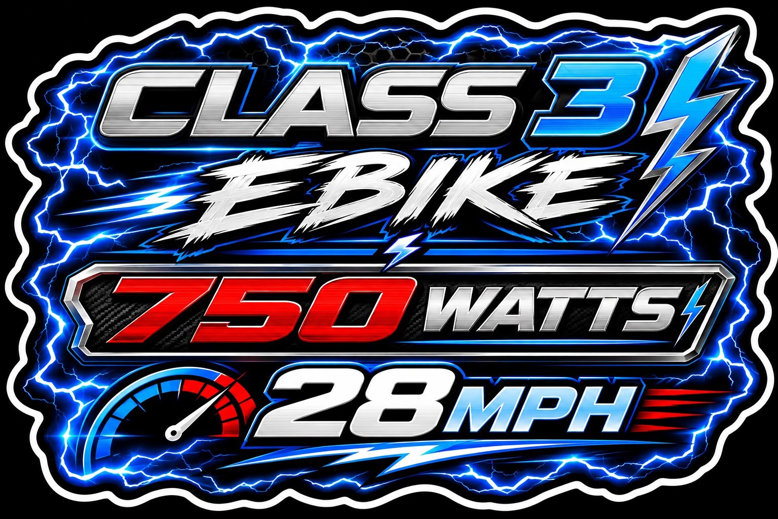 Class 3 Ebike 750W 28 MPH Skull Lightning Round Decal Sticker 1.5 in