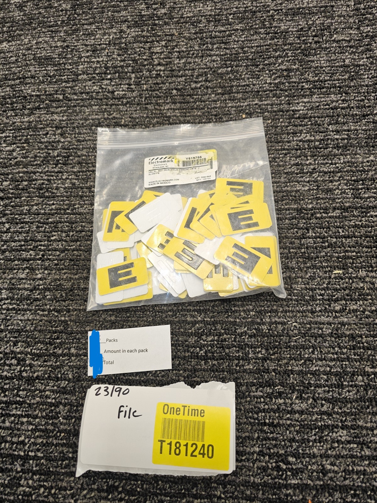 (QTY 100) ELECTROMARK Y619785 Black on Yellow Embossed 5/8 LETTER E