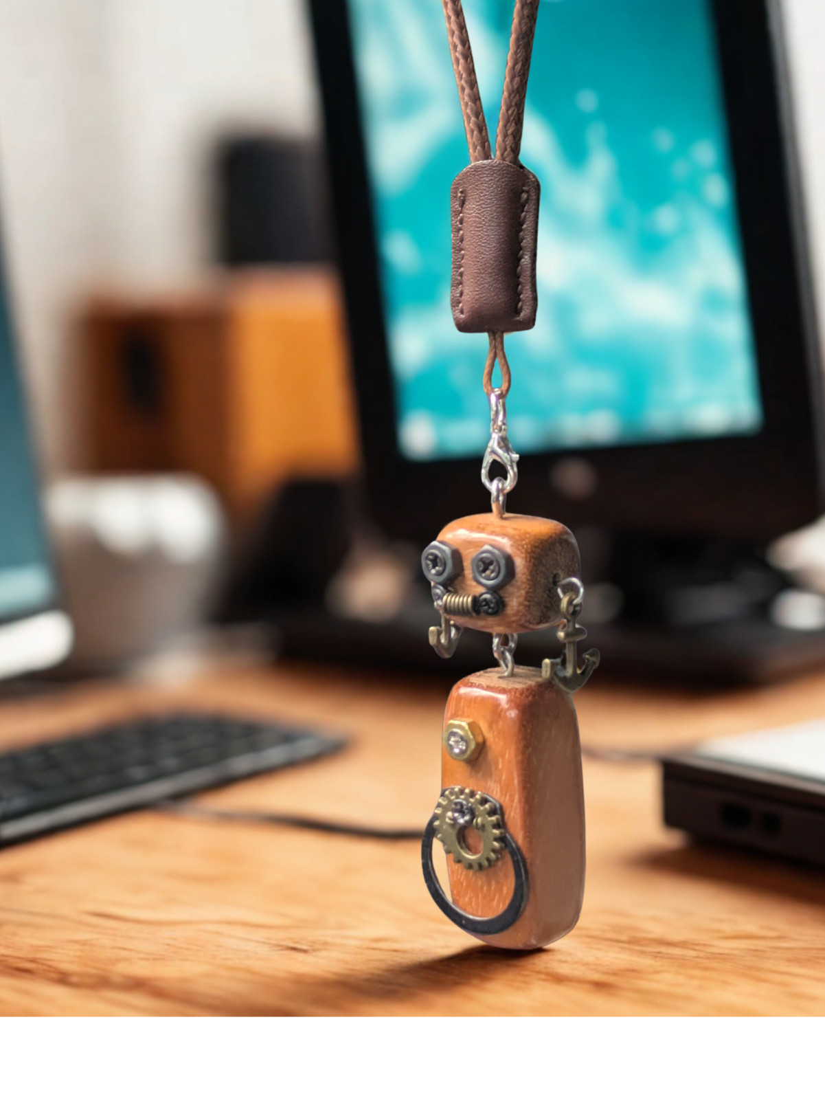 Handcrafted Wooden Mechanical Robot Car Rearview Mirror Accessory; Desk Decor