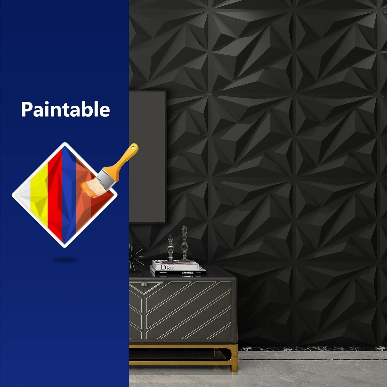 33 Luxury Diamond Wall Panels – Versatile PVC – Black – 12"x12" – 32.Sq.Ft.