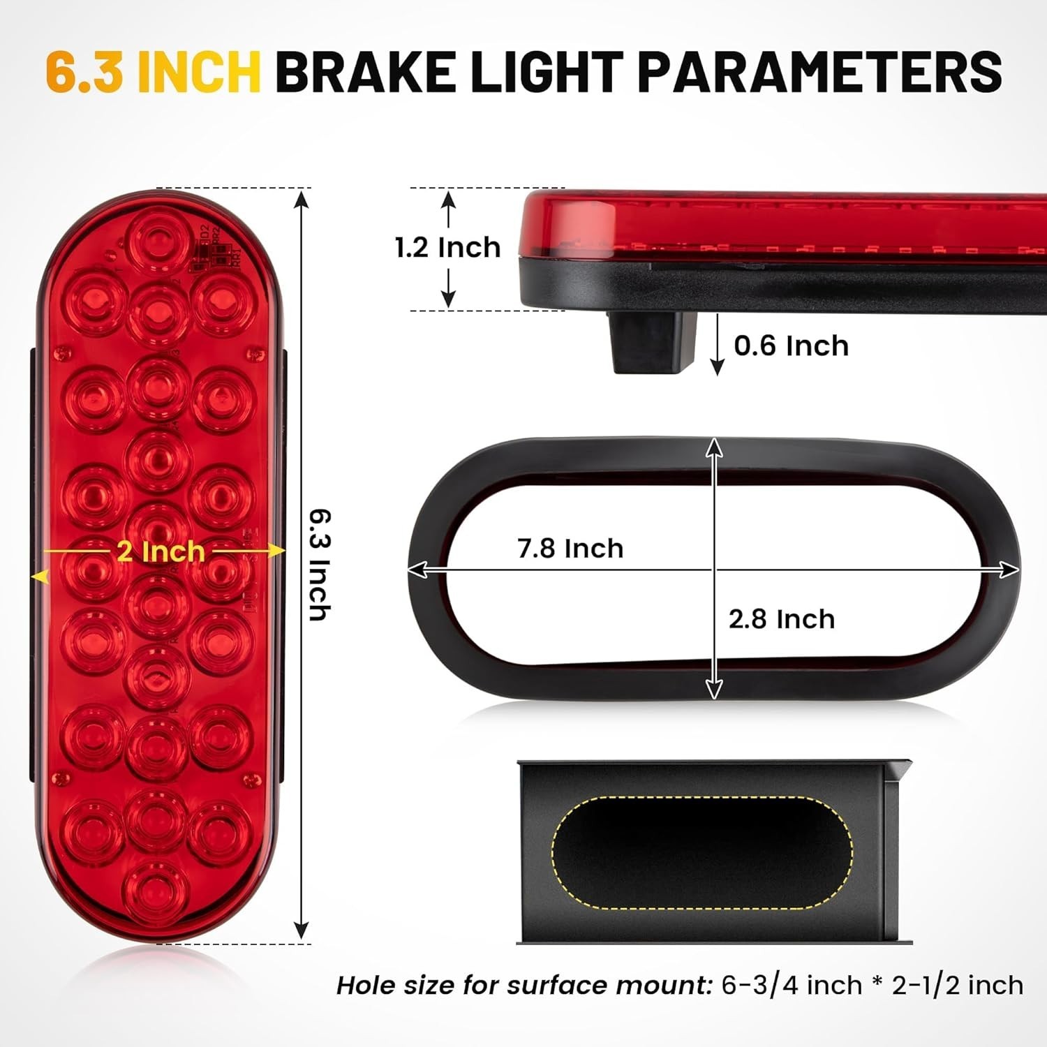 6 Inch Oval Red LED Trailer Tail Lights 2PCS, Super Bright 24LEDs Oval 6" Brake