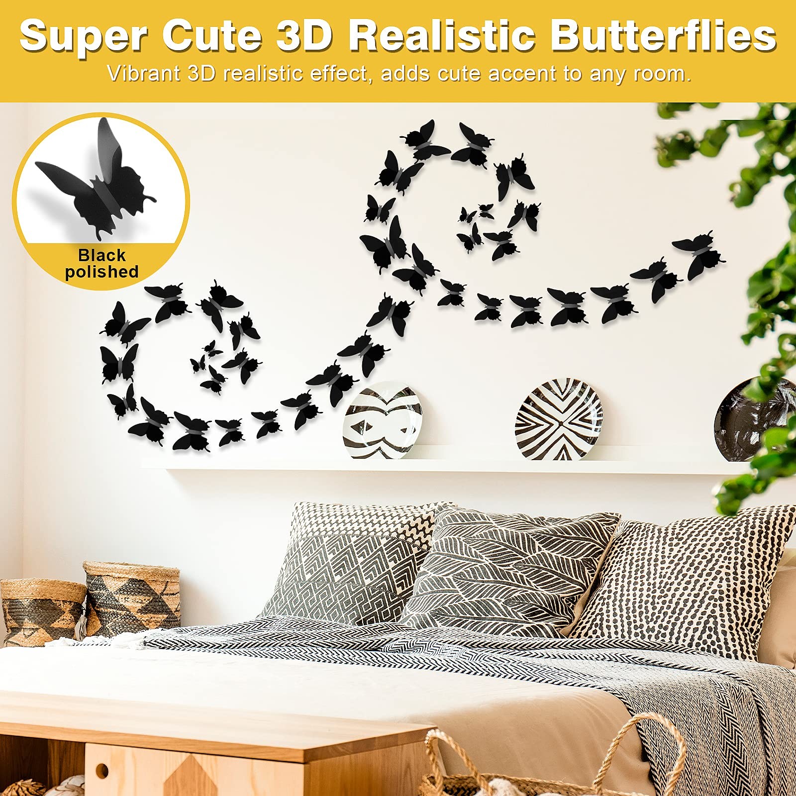 3D Butterfly Wall Decor 48pcs Black Polished Stickers 3 Sizes Durable Butterf…