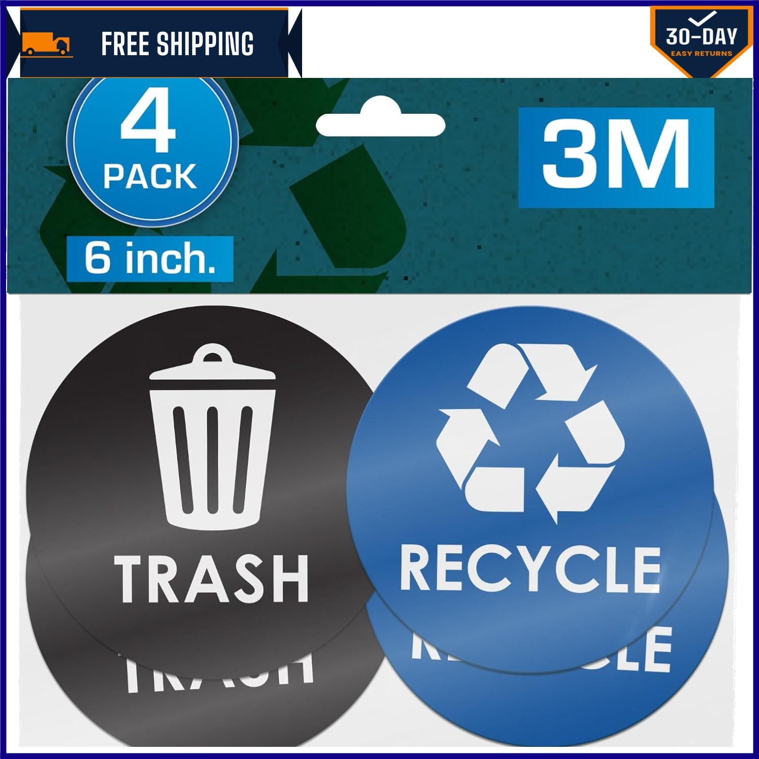 High-Visibility 6" Round Recycling Stickers – Durable, 4 Pack for Easy Sorting
