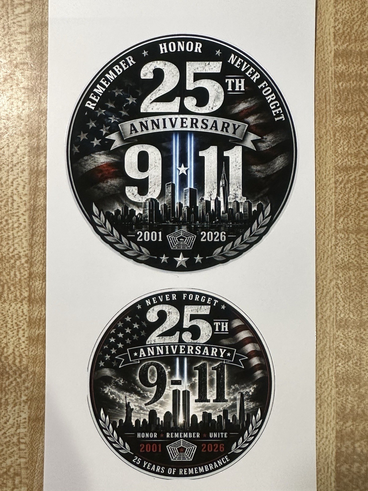 9/11 25th Anniversary, Round Flag Decal Sticker 3.5 in and 2.75 in glossy