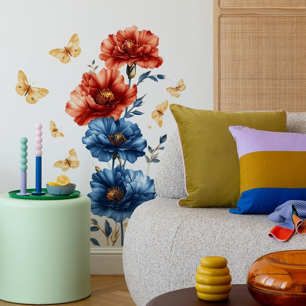 Flower Wall Stickers, Blue Peony & Purple Roses Mural for Room Decor