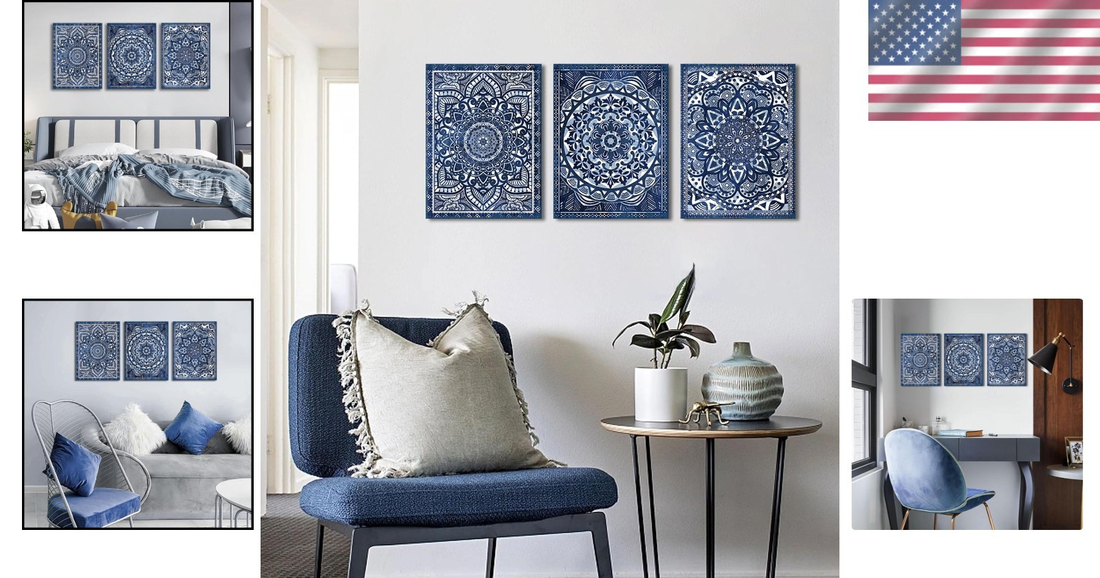Mandala Art Prints Set – Navy Blue Wall Decor – 12×16 inches