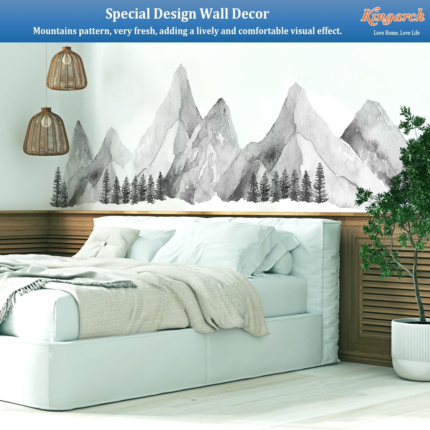 Large Mountain Wall Decals, Gray Pine Tree Peel and Stick Vinyl Wall Stickers…