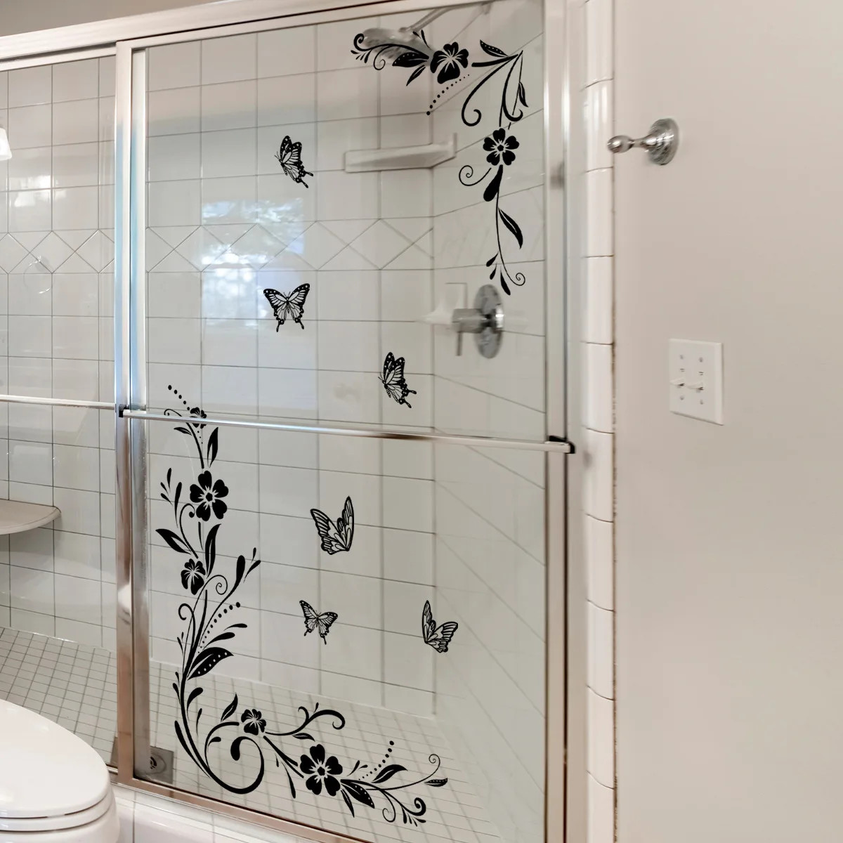 Pink Rose Black Butterfly Glass Clings Double-Sided Window Film Bathroom Decor