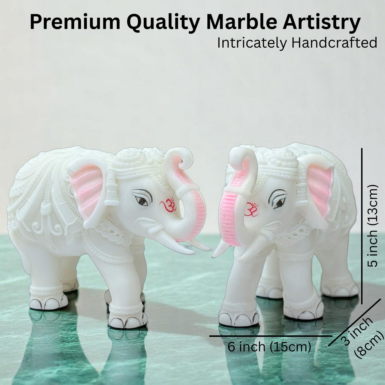 White Marble Elephant Statue Pair 5×6 Inches, Trunk Up Decorative Elephant Idols