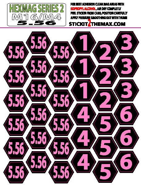 5.56 MAGAZINE STICKERS fits HEXMAG S2 MAGS PINK NUMBERS 1-6