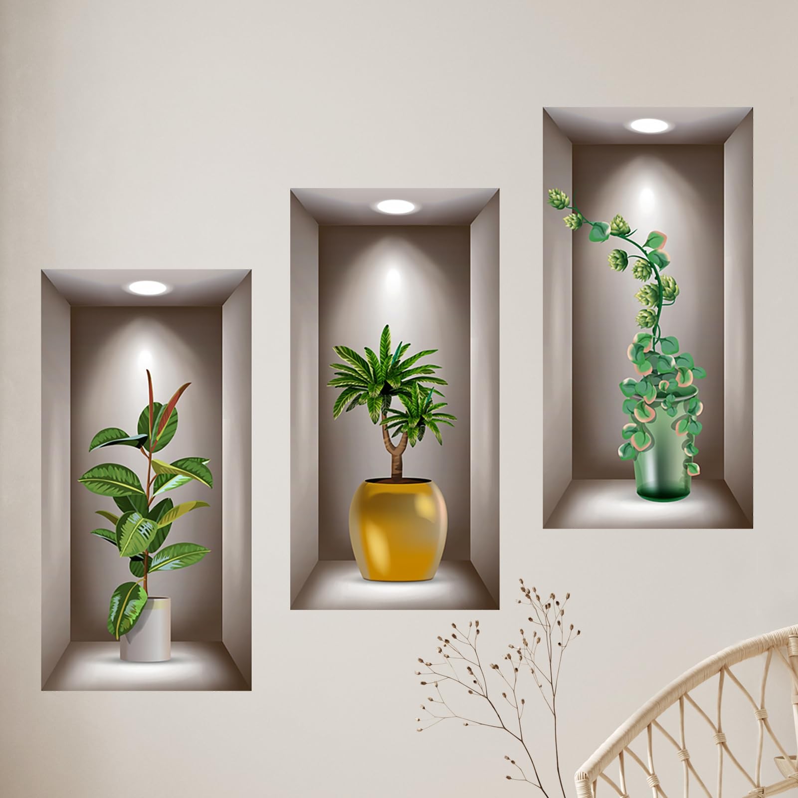 3D Potted Plants Wall Stickers Set of 3 Green Leaves Multi-colored
