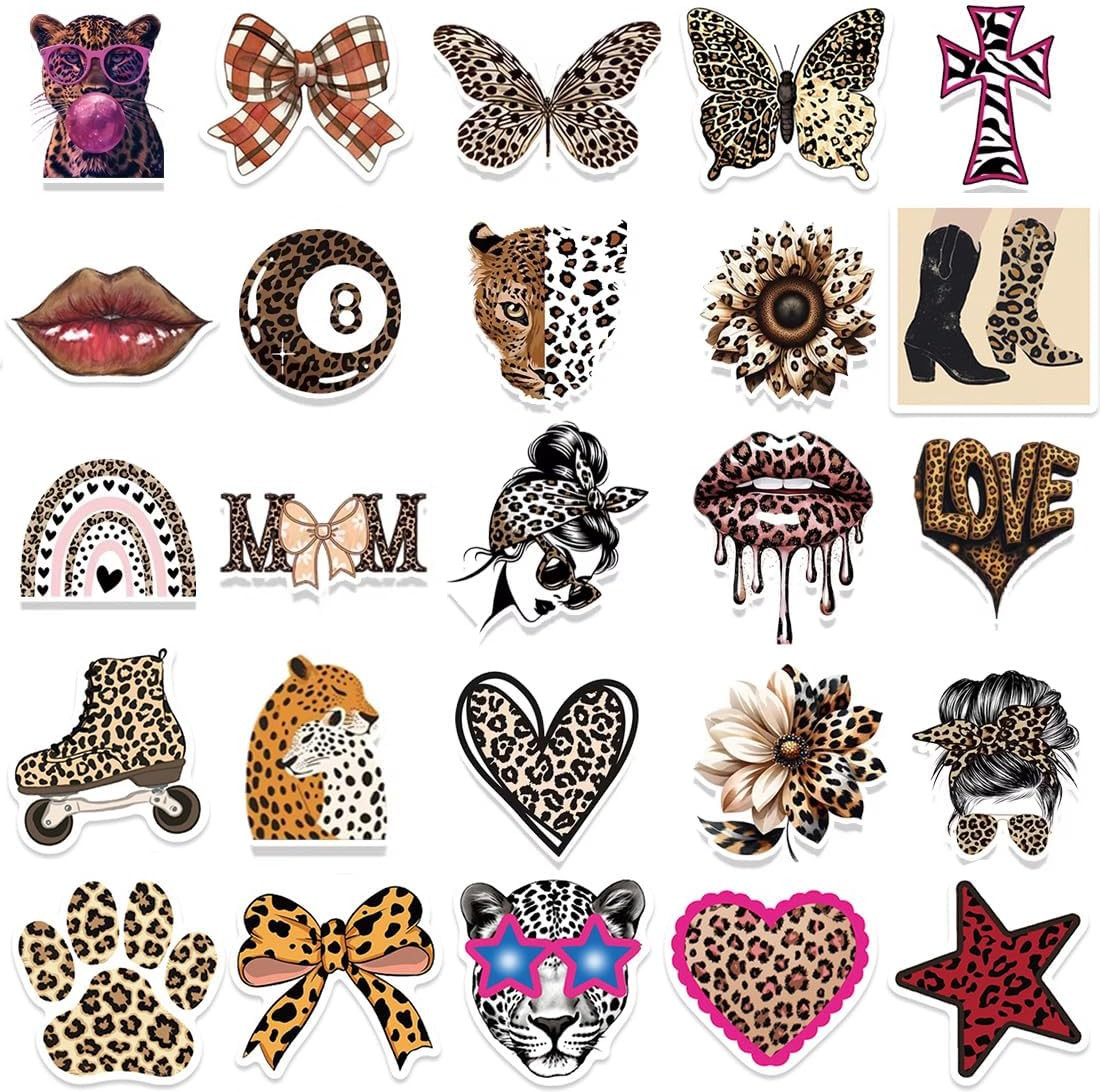100PCS Leopard Print Stickers Pack – Pink Brown Aesthetic Animal Decals