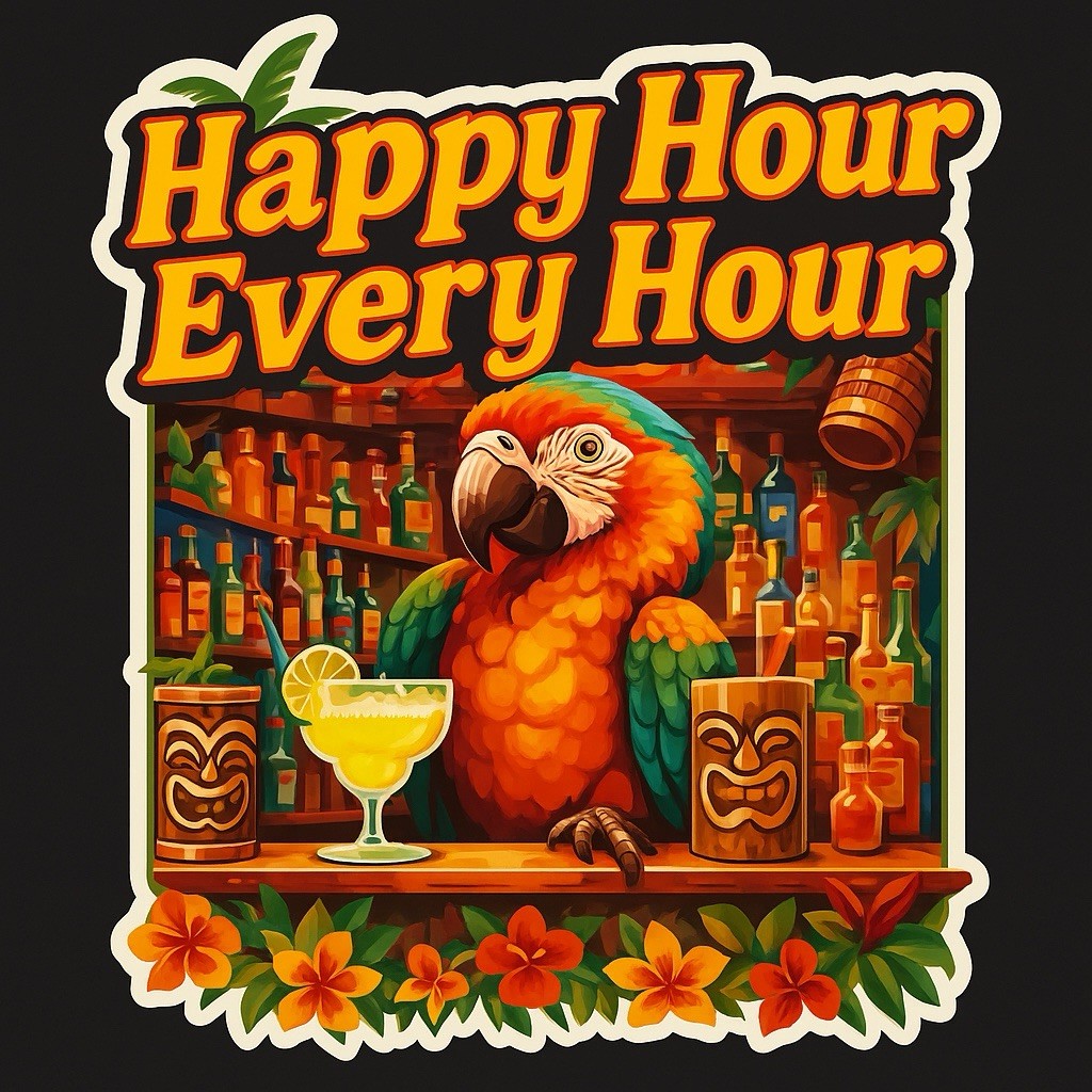 Happy Hour Every Hour 3” Tall Sticker Decal Jimmy Buffett Parrot Head