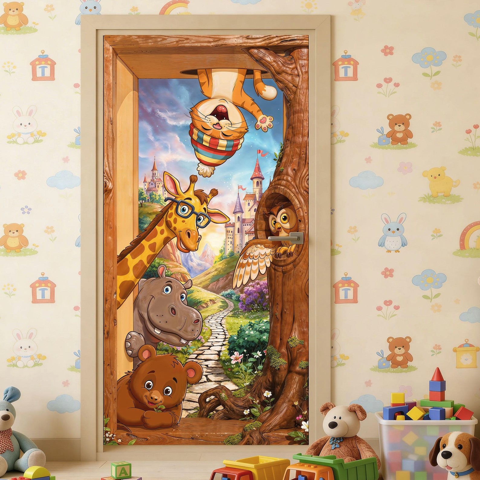 Cartoon Animals Door Wrap, 1-piece Laminated Sticker Mural