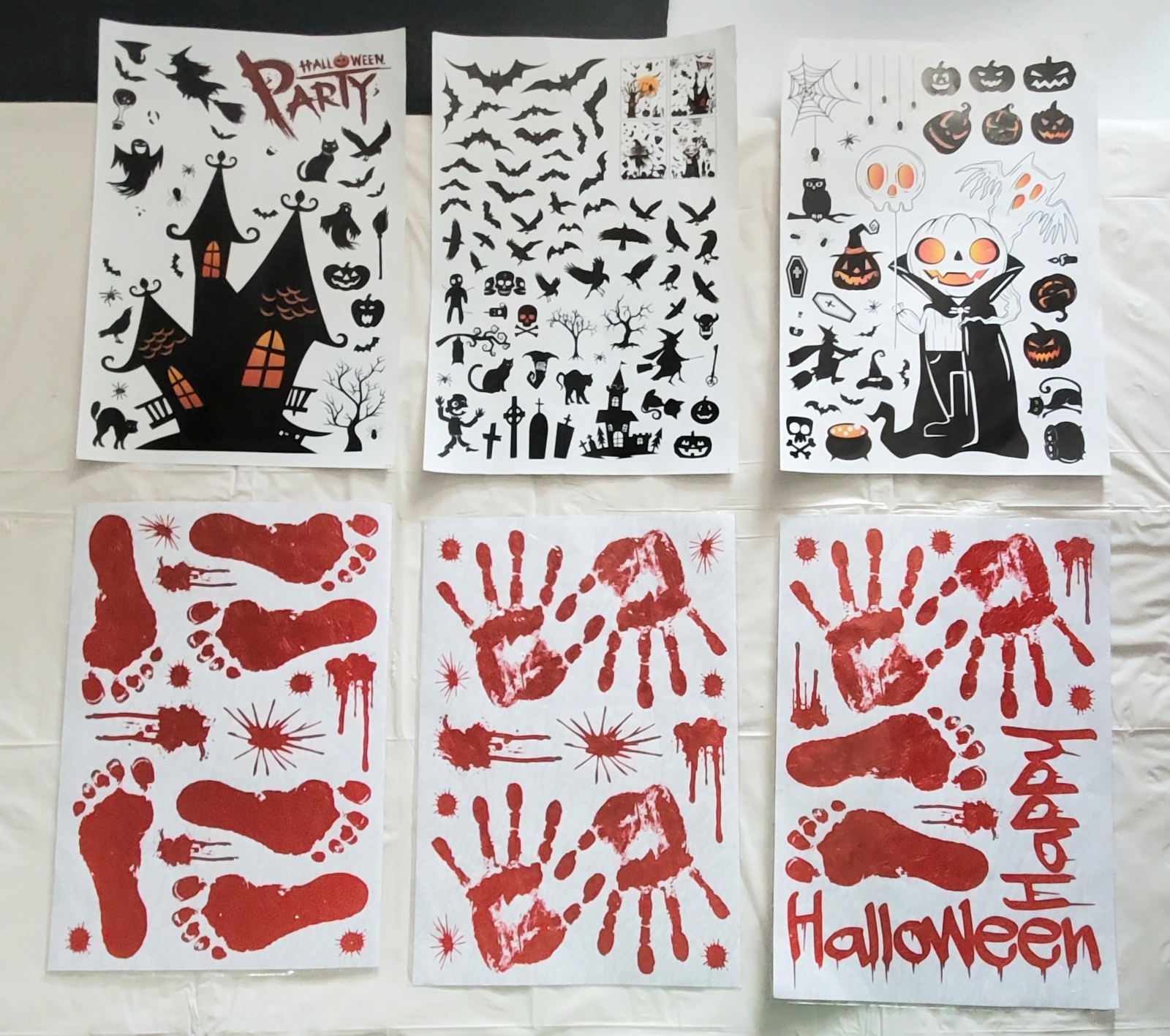 6 Sheets Halloween Decoration Stickers Handprint Footprint Cat Ghost Spider