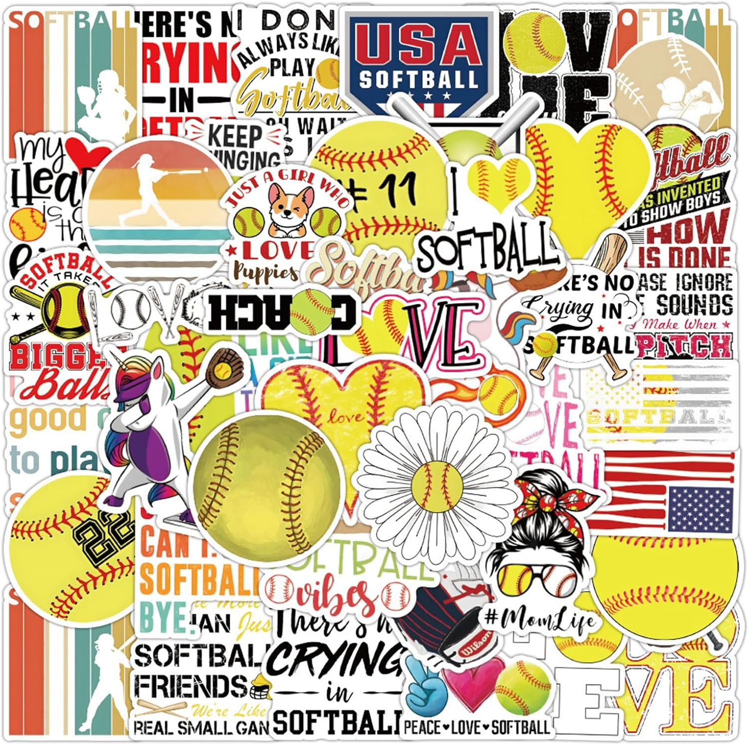 100Pcs Softball Stickers for Kids, Waterproof Vinyl Decals for Crafts & Decor