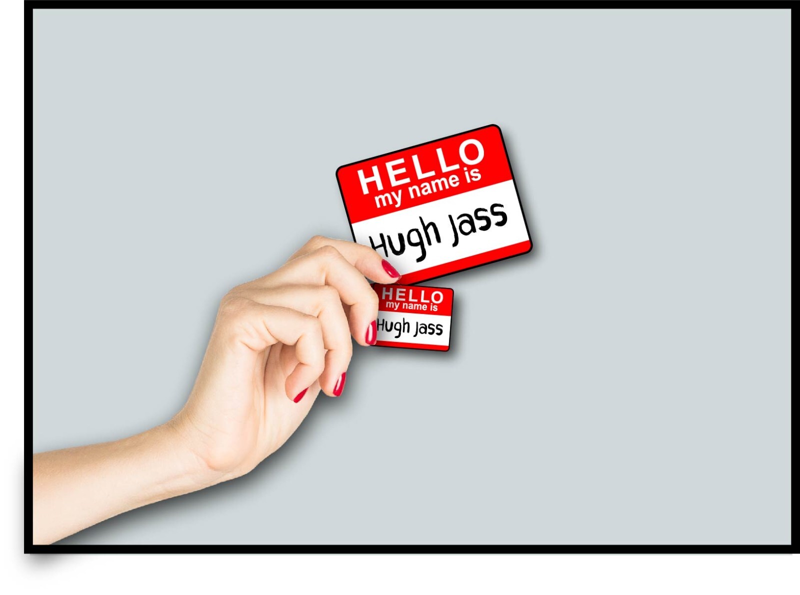 Name Tag Decal Sticker Hugh Jass Funny Huge Joke Names Hello My Name Is Red ID