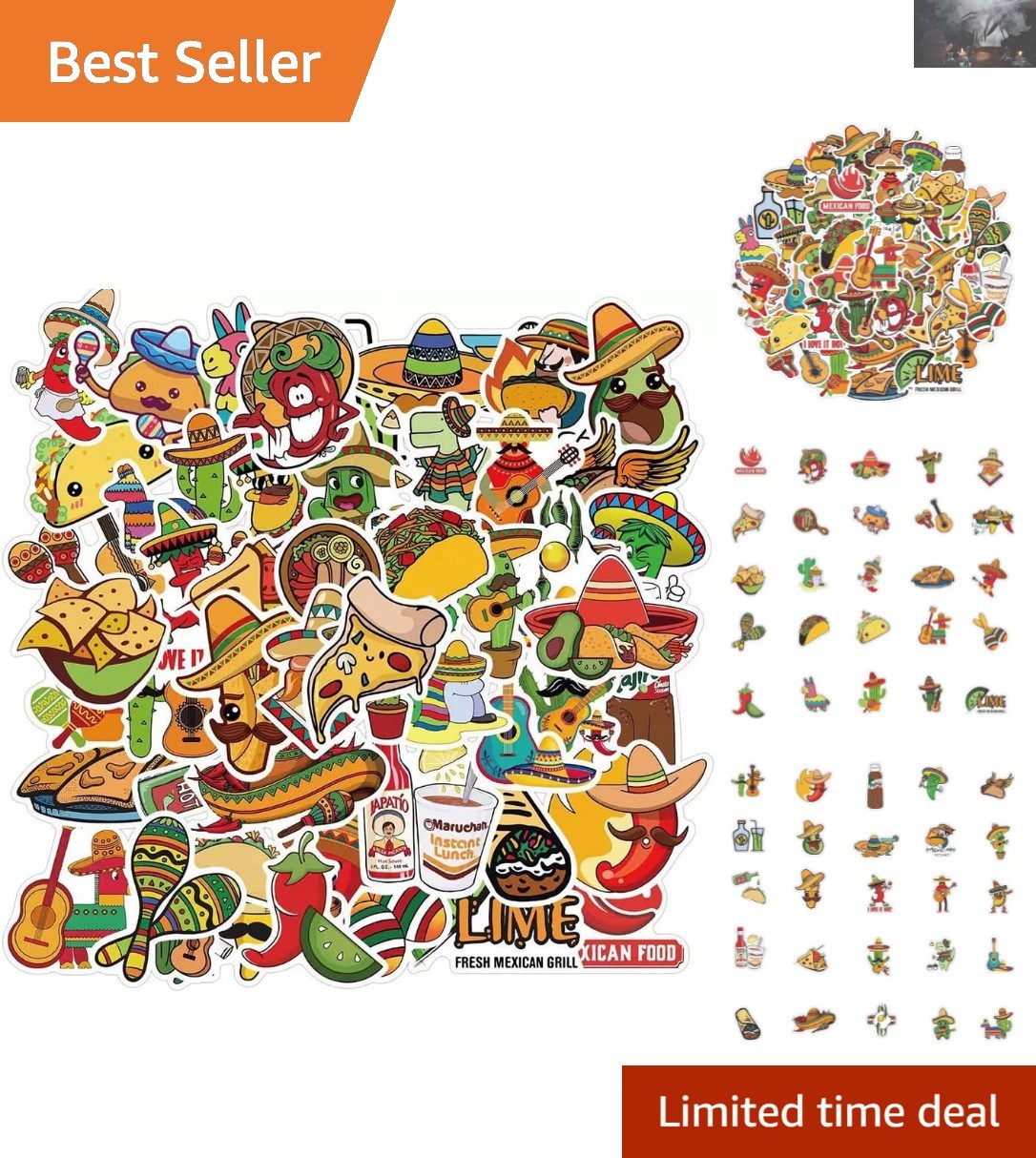 50 Cartoon Taco Stickers – Fun Waterproof Vinyl Decals for Kids & Teens