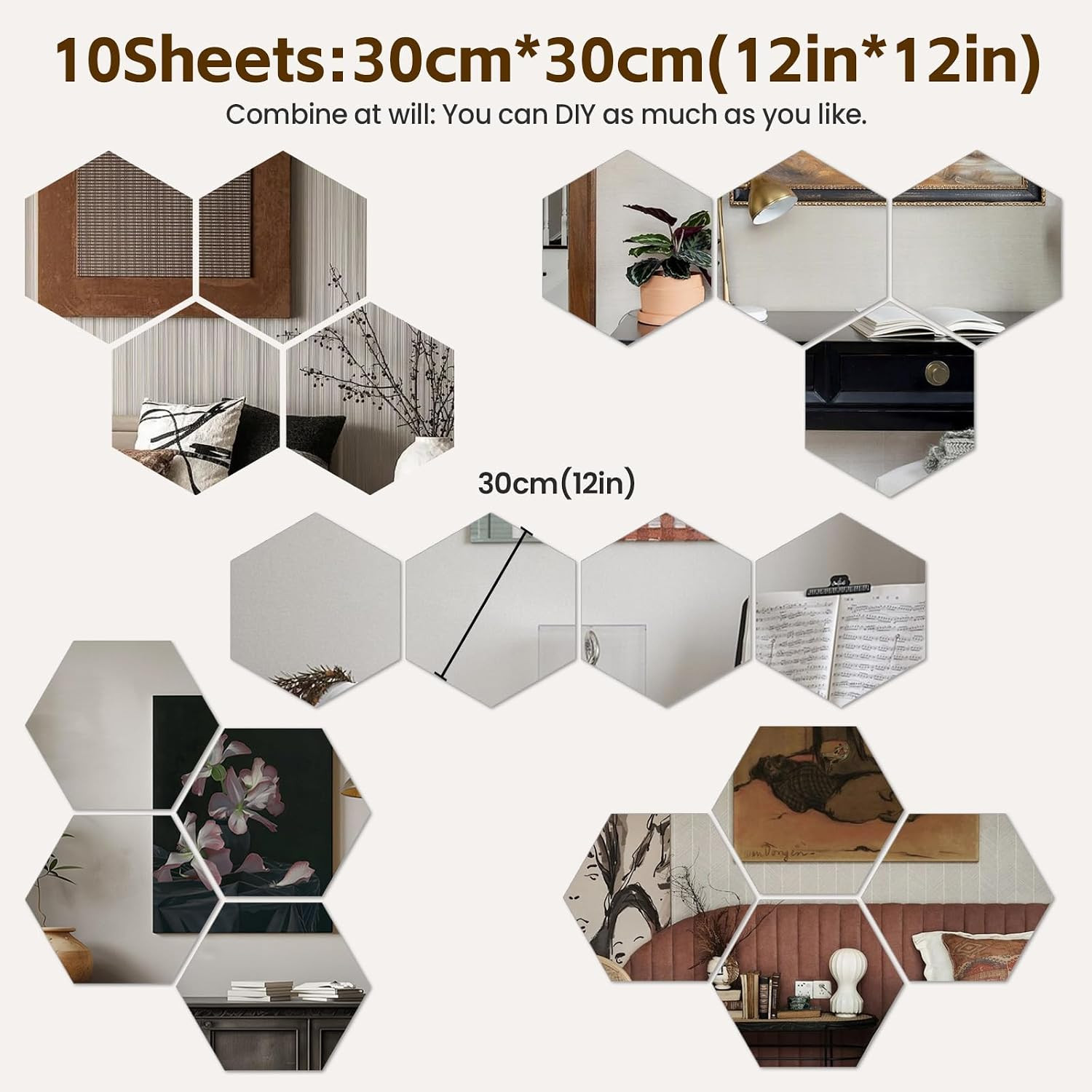 Hexagon Mirror Stickers 10 Pack – Self Adhesive Acrylic Wall Decor Tiles
