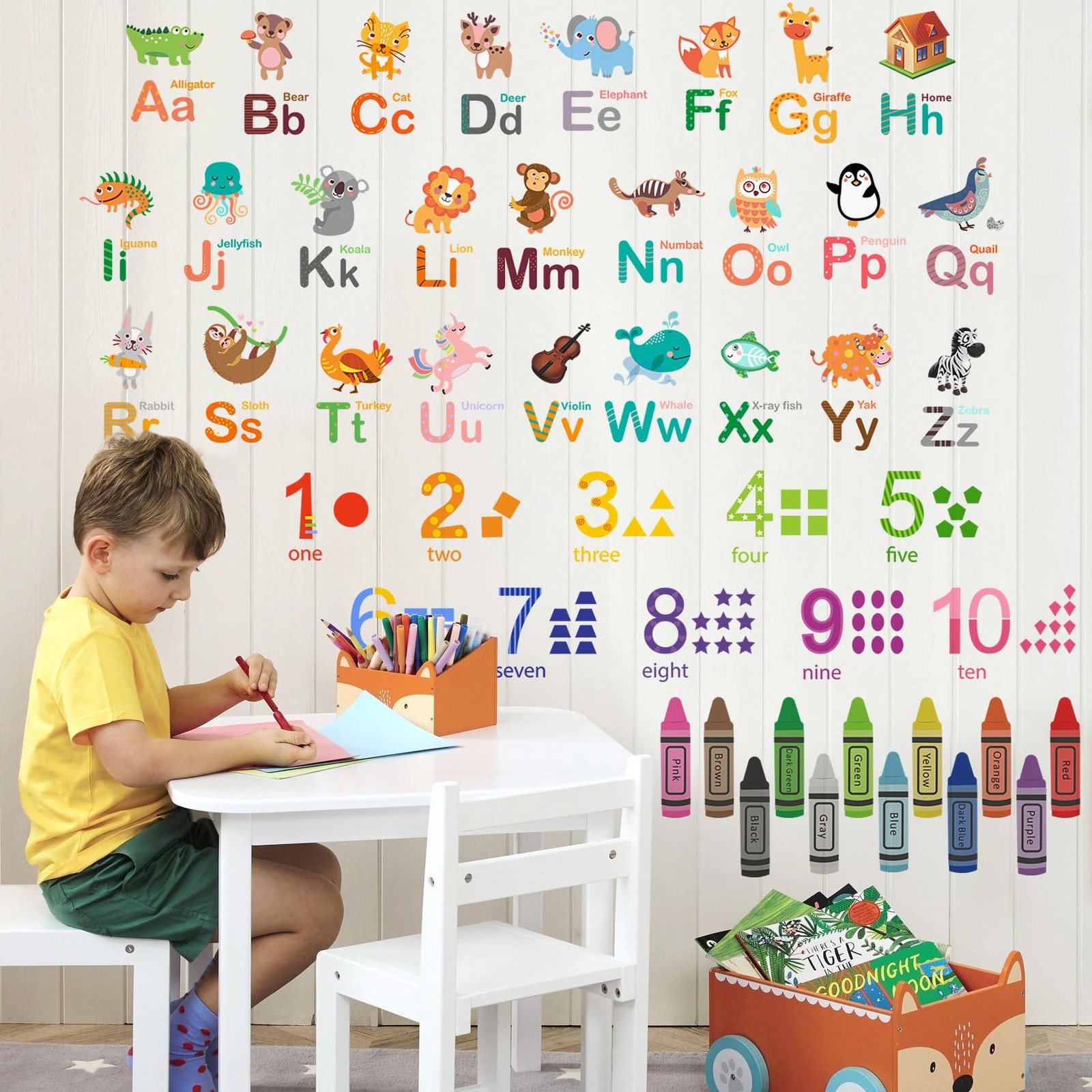 Animals Alphabet Numbers Wall Decals for Kids Room Colouring Pencils Wall Sti…