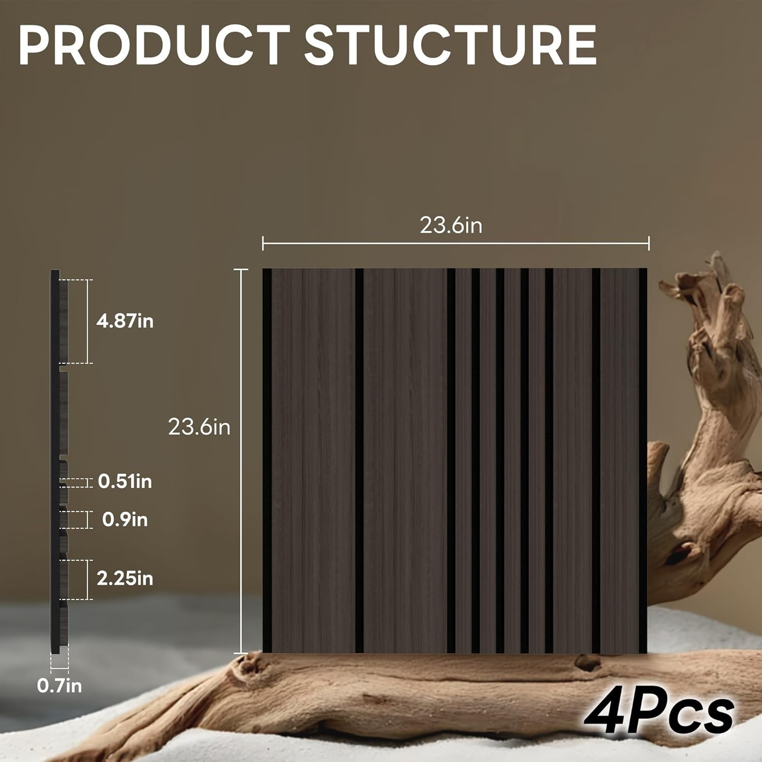 3D Wood Wall Panels – 4-Pack Acoustic Slat Decor for Home & Office, Black