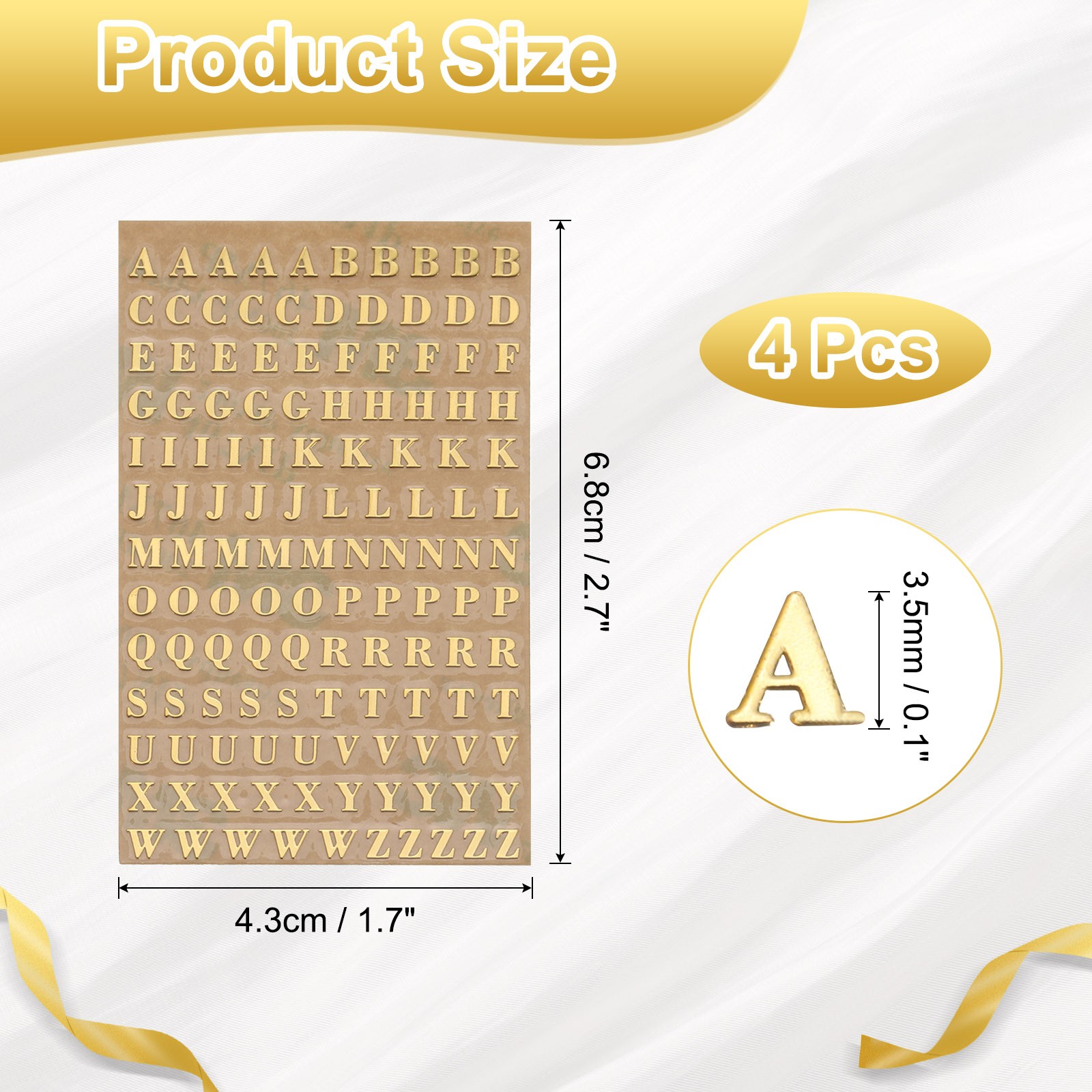 4Sheets Letter Stickers 0.12" Letter Stickers Alphabet Stickers(Gold Uppercase)