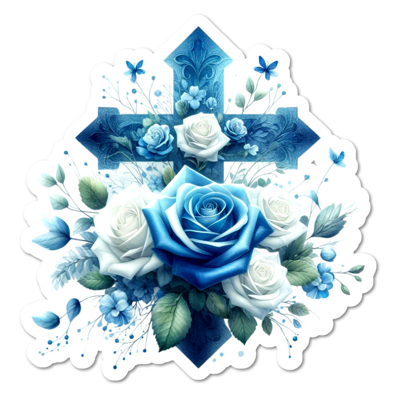 Blue & White Roses Cross Vinyl Sticker Religious Floral Waterproof Glossy Decal