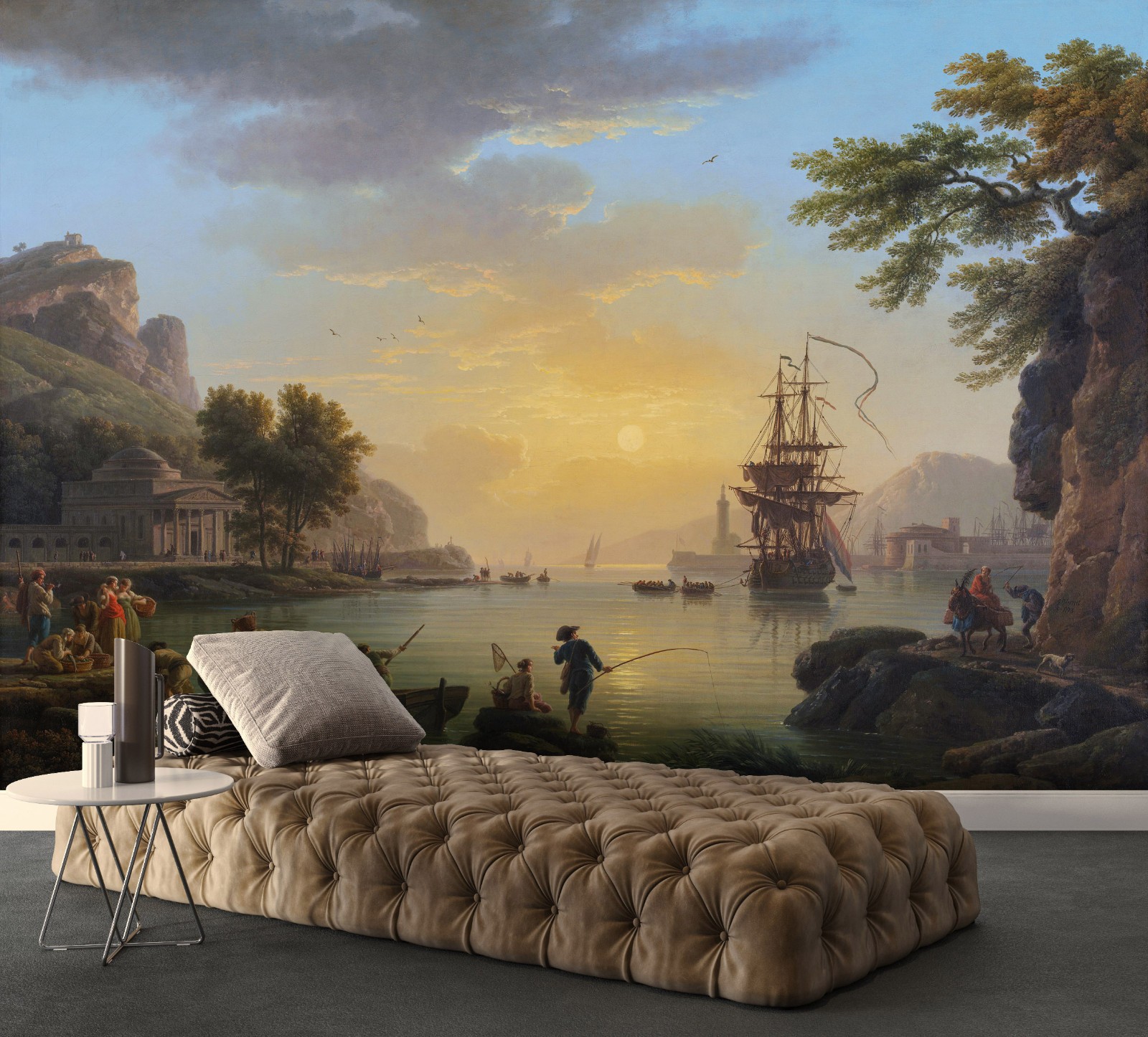 Sunset Coast & Sailboat Wallpaper, Classical Painting. Wall Decal, Tapestry