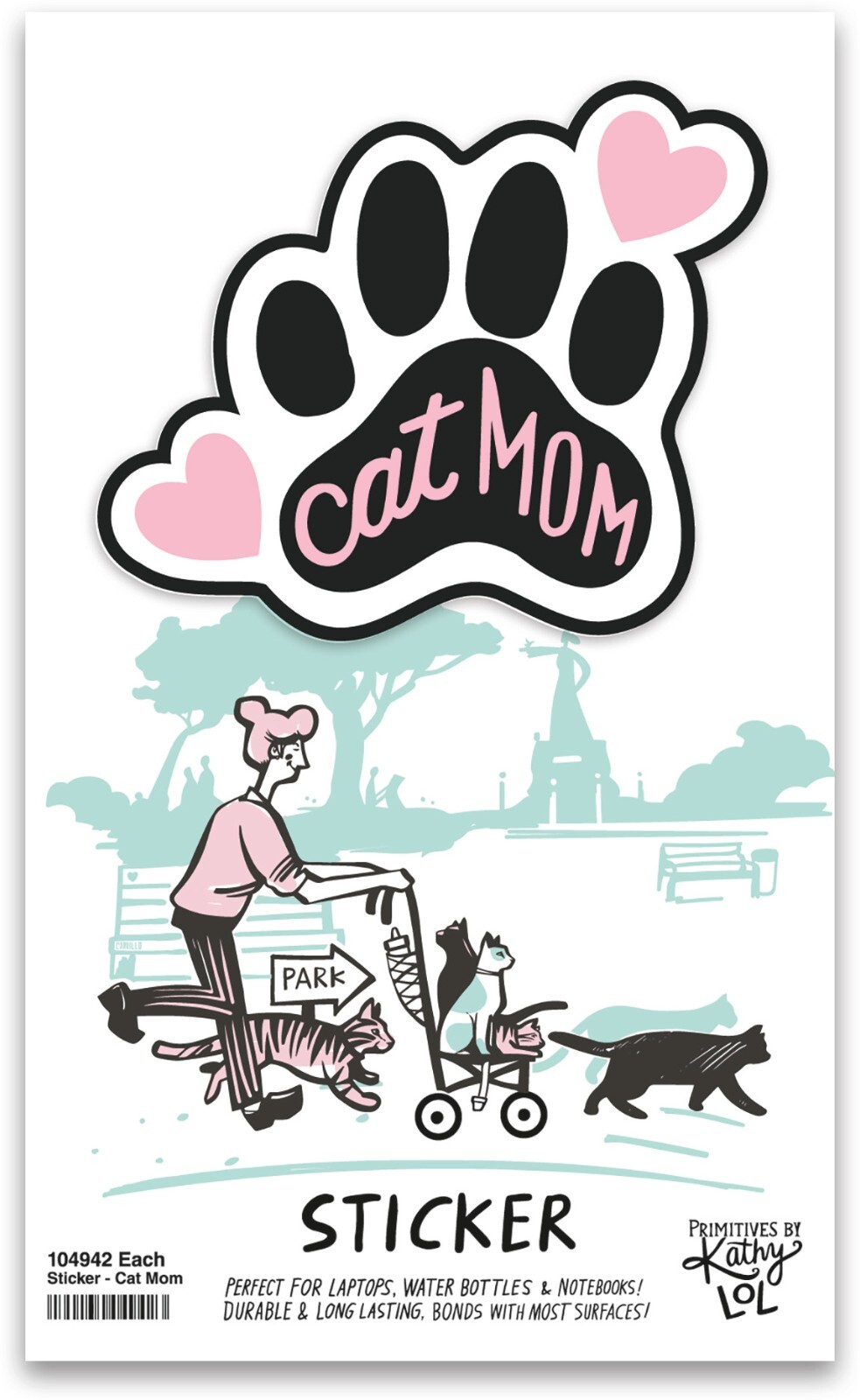 Decorative Sticker | Cat Mom | Paw Shaped | 2.5 In x 2.25 In | Primitives Kathy