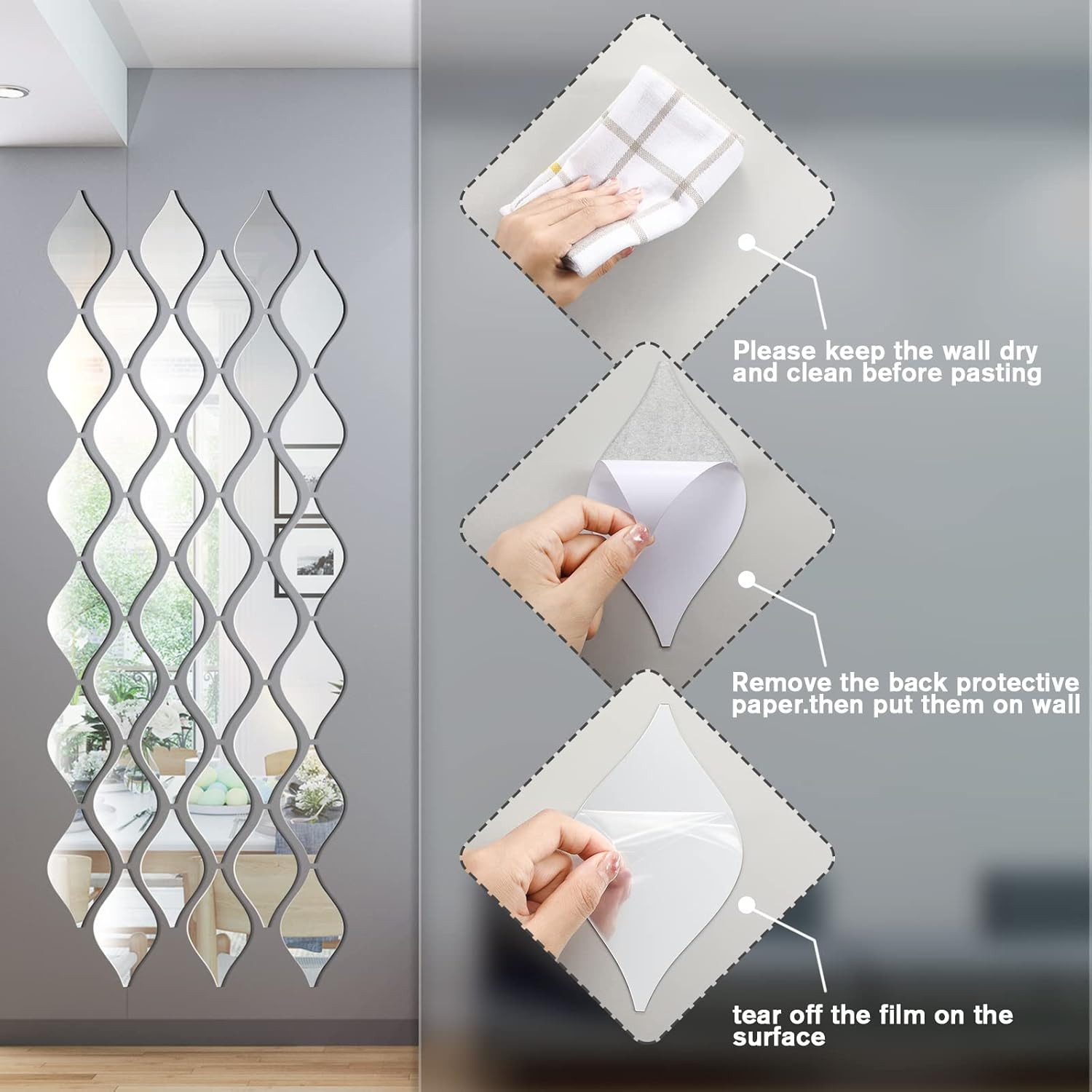 30 Pcs Mirror Wall Stickers Decor Acrylic 3D Tear Drop Decorative Mirrors Sticke