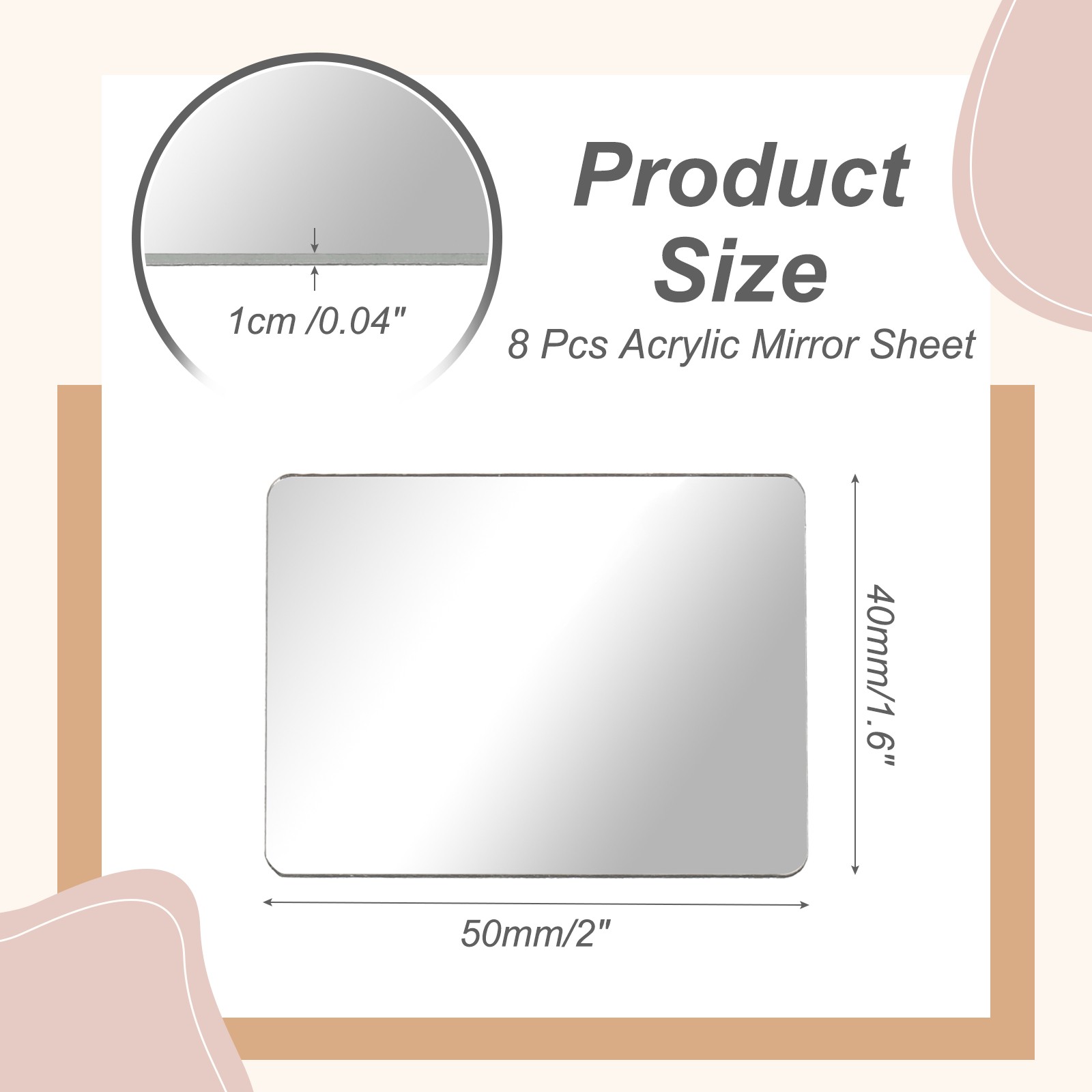 8Pcs Acrylic Mirror Sheet, 2×1.6" Rectangle Self Adhesive Mirror