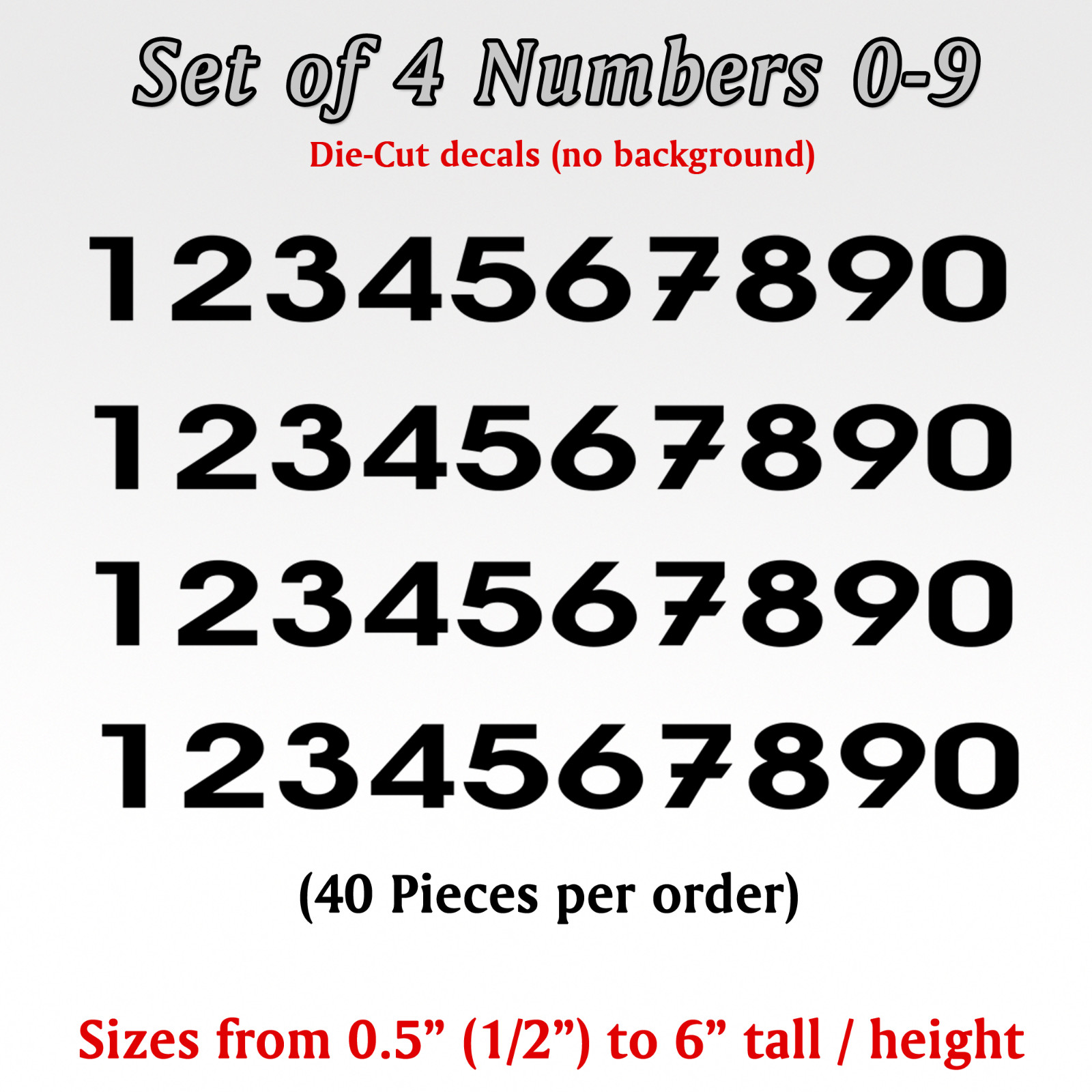 4 pack Numbers 0 to 9 Vinyl Die-Cut Decal set of 40 pieces sticker custom number