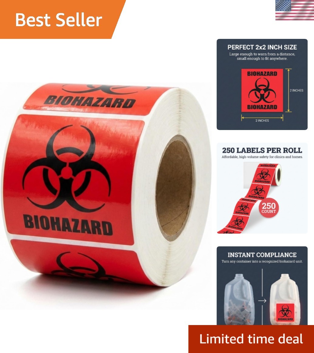 Bright Red 2" x 2" Biohazard Labels – 250 Durable Stickers for Labs & Hospitals