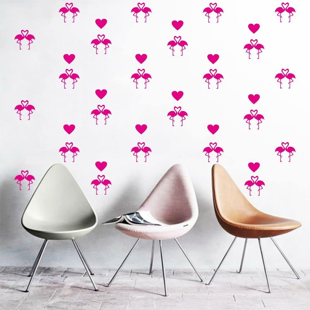 Flamingo Wall Stickers Set – 24 Removable PVC Decals with Silhouette and Hearts