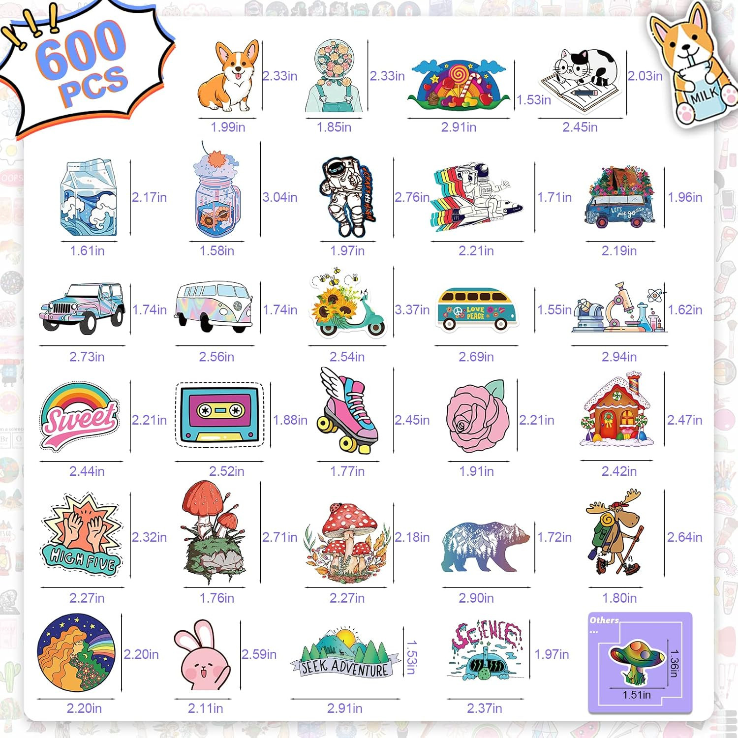 600 PCS Stickers Pack，Cute Colorful Waterproof Stickers，Vinyl Art Stickers.Stick