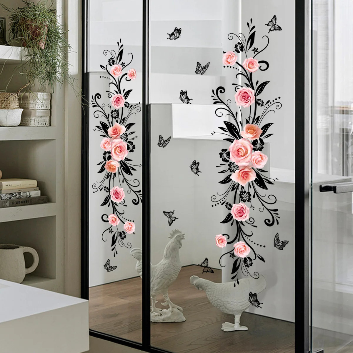 Pink Rose Black Butterfly Glass Clings Double-Sided Window Film Bathroom Decor