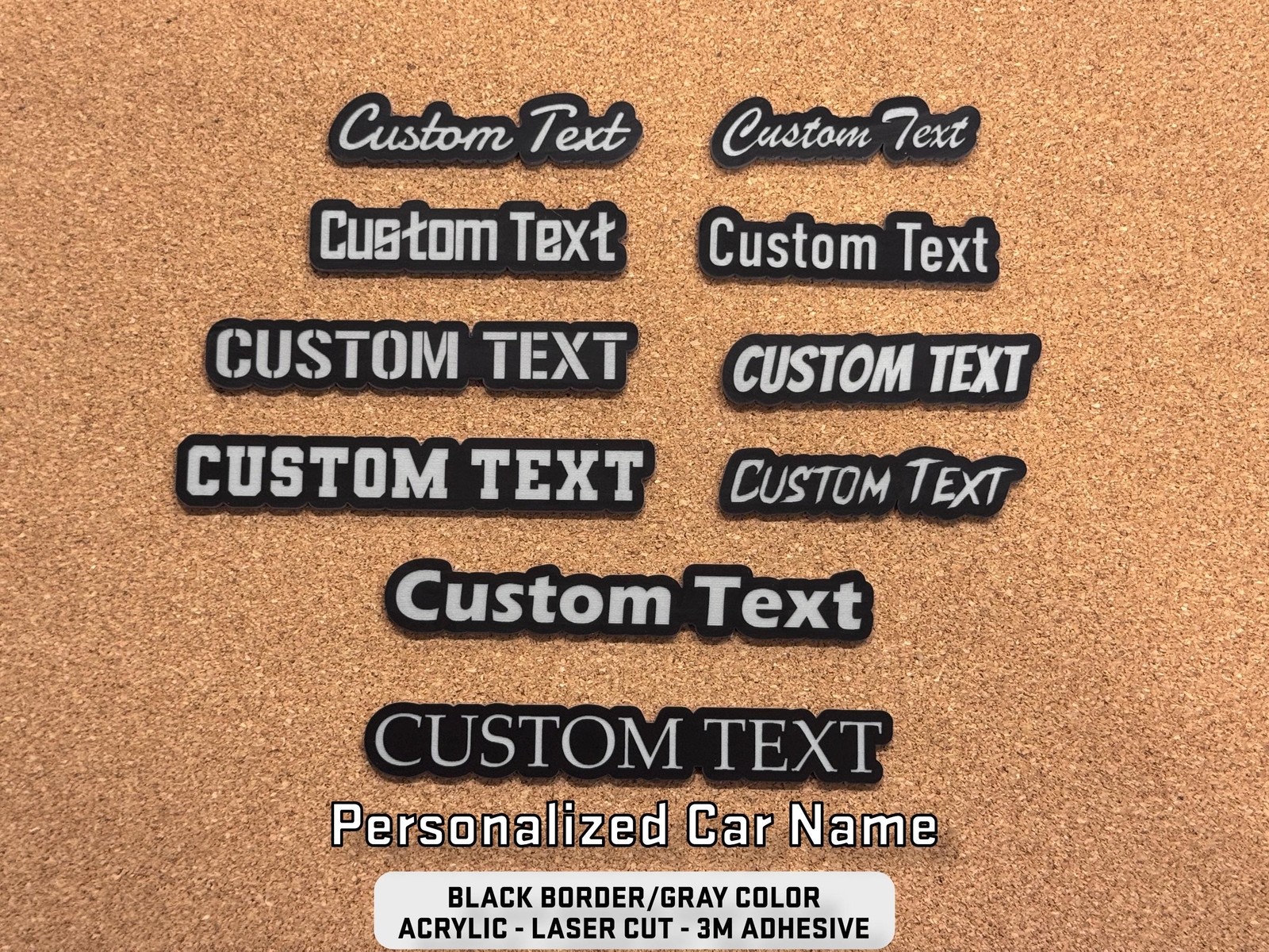 Custom Engraved Car Name Emblem Badge – Black with Gray – Customized Text Names!