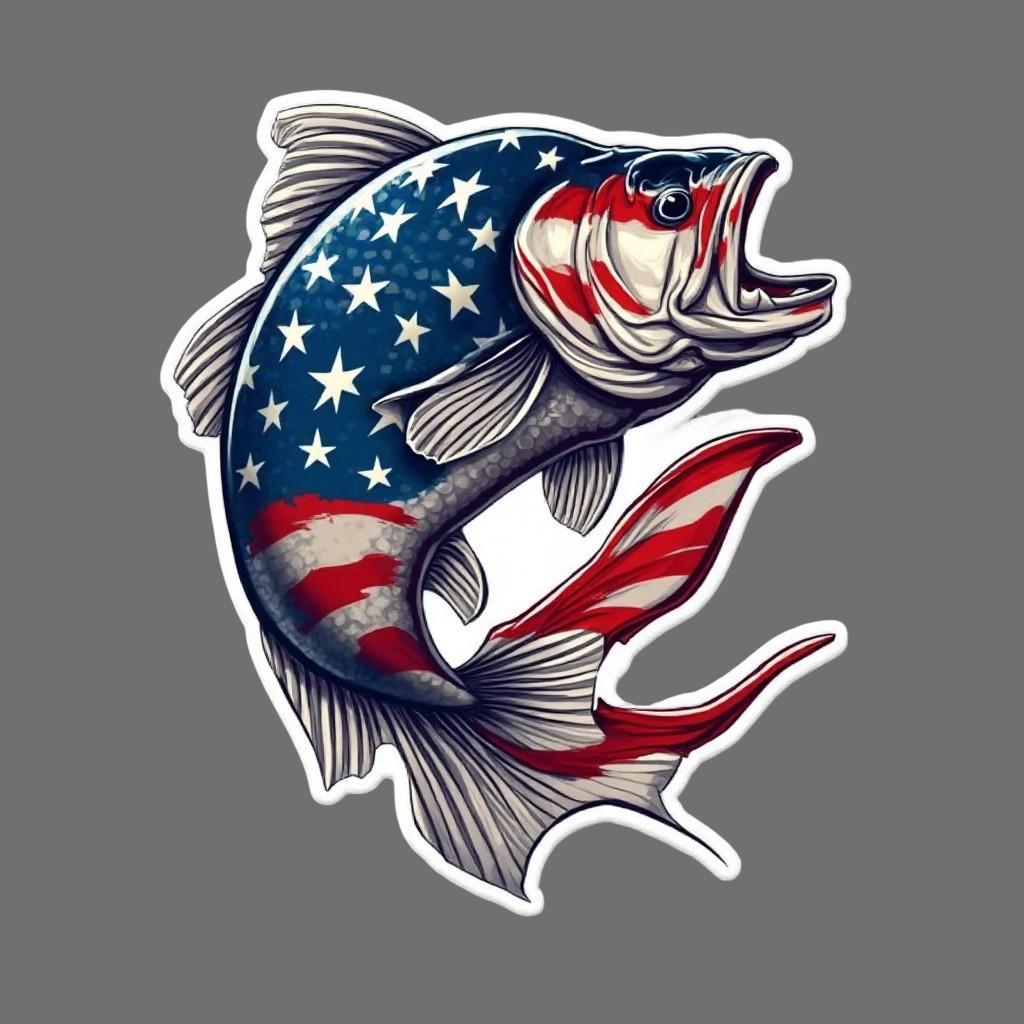 American flag bass fishing sticker vinyl decal patriotic jumping tacklebox