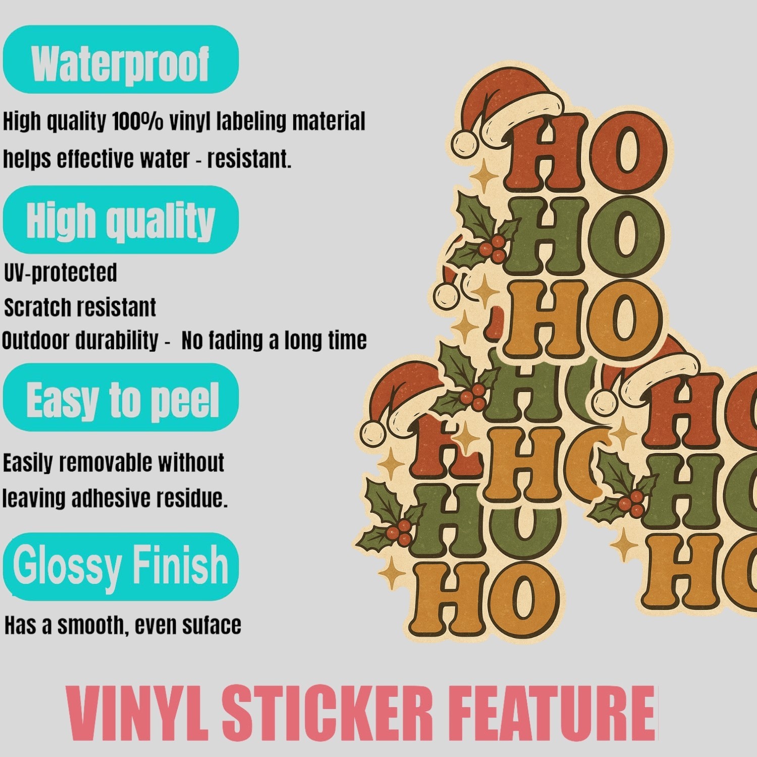 4PCS “Ho Ho Ho Christmas” Stickers – Vintage Santa Hat & Holly Berry Holiday Gif