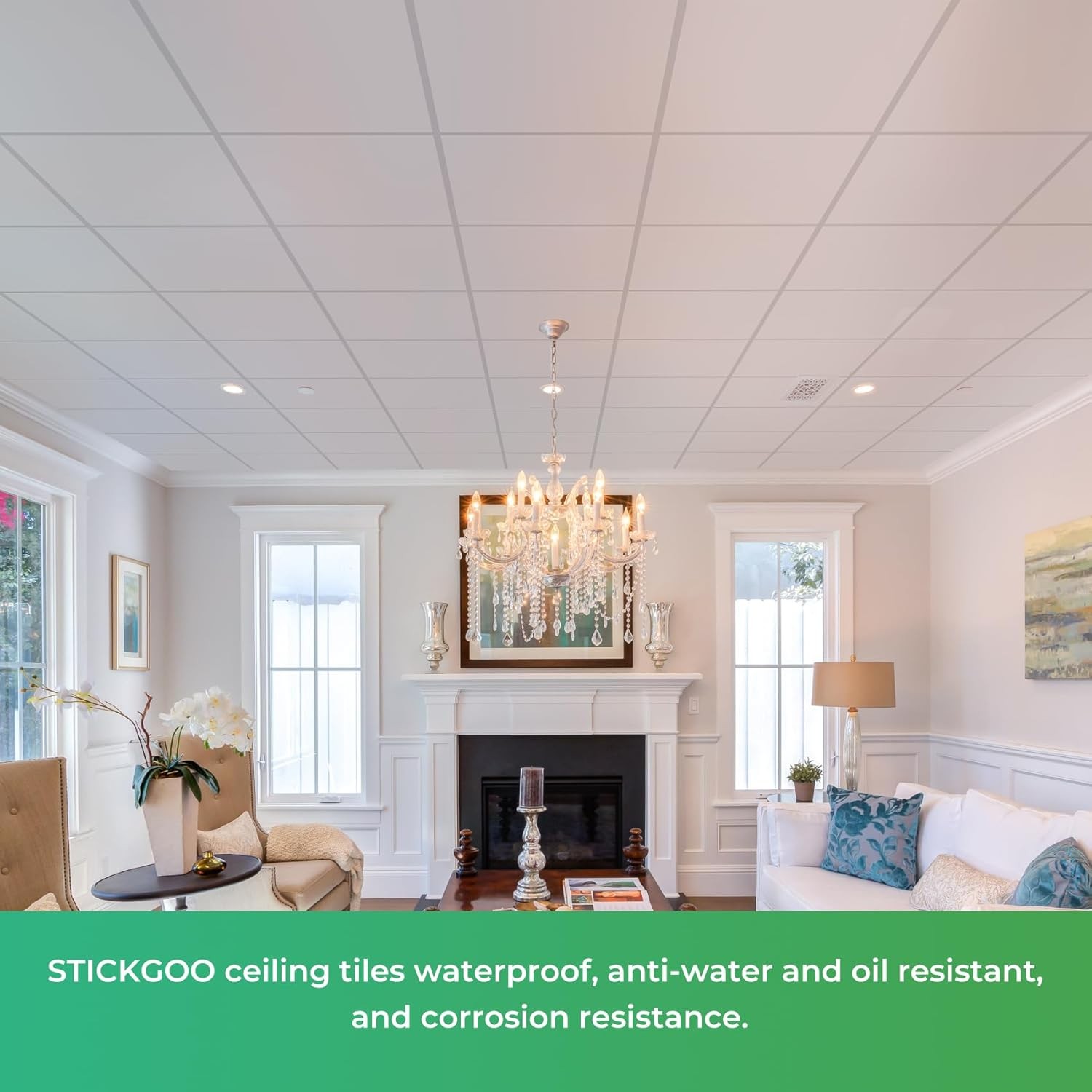 Smooth Drop Ceiling Tiles 2 x2ft, PVC Ceiling Tile 24×24" Waterproof, Fire-Rated